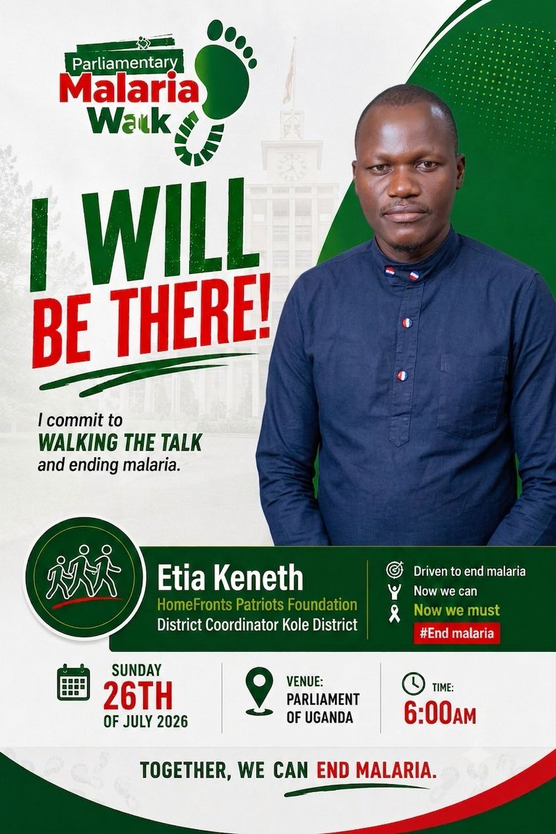 HomeFrontsPF's tweet photo. Our desire is to have a malaria free Uganda and Africa , our Coordinator #Kole District Mr. Etia Keneth is joining the walk on 26th July 2026 at the @Parliament_Ug https://t.co/MqhMtAApk6