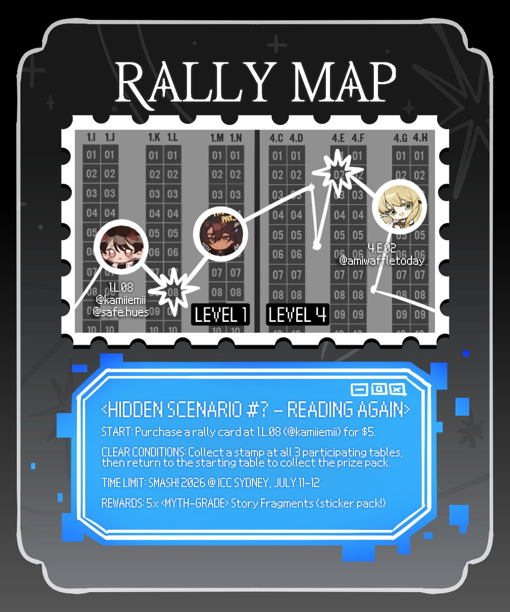 kamiiemii's tweet photo. < A NEW SCENARIO HAS ARRIVED ! >
hosting an #ORV stamp rally for #smashcon2026 !!! please come by and collect these super cool story fragments .. i mean.. stickers!!

artists: @amiwaffletoday, @DrowsyEXP, @kyuurx_, @safehues and me!! 

#orvfanart #omniscientreader #smashsydney https://t.co/JgvSfCKfp9