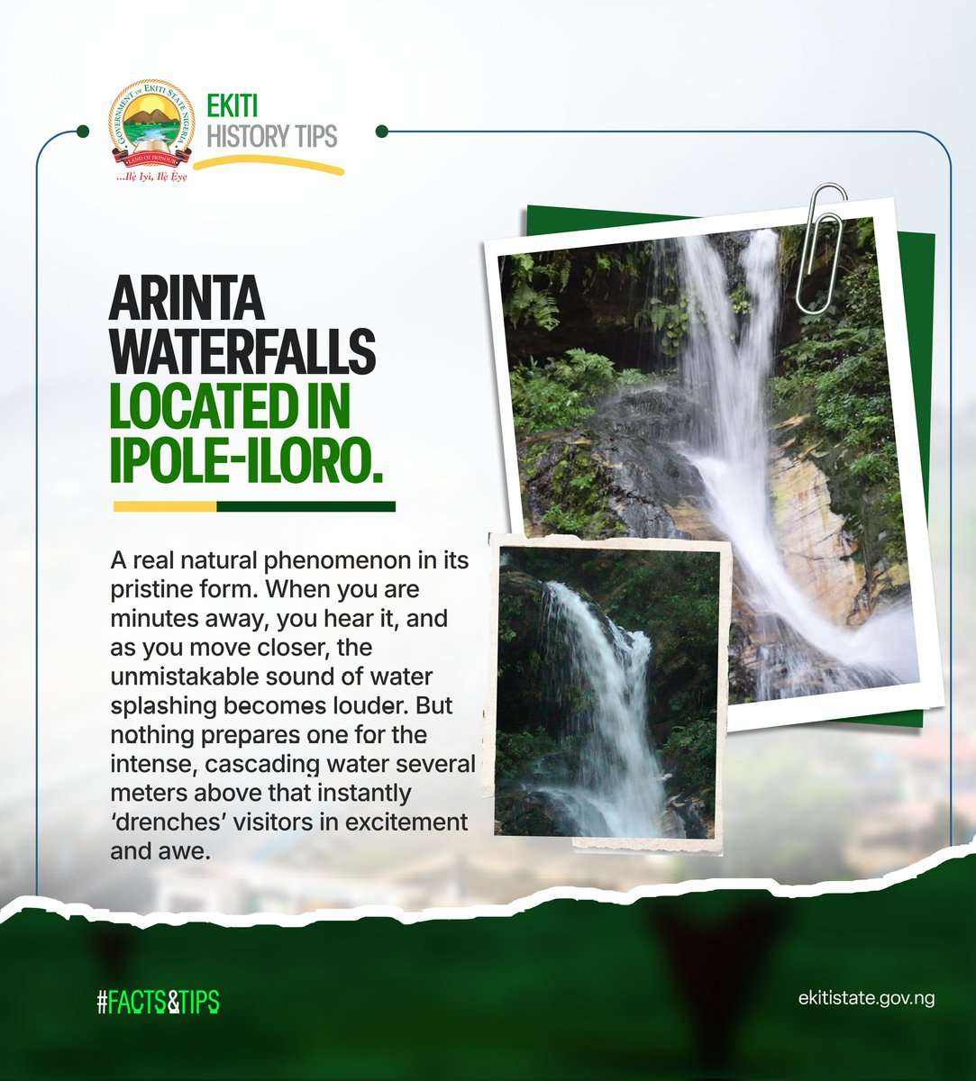 ekitistategov's tweet photo. Ekiti State is no doubt the home to remarkable natural attractions.

Located in Ipole-Iloro, Arinta Waterfalls is one of the state's most treasured destinations. Visitors are welcomed by the distant sound of  water long before the falls come into view.

As a key tourism asset, Arinta Waterfalls continues to showcase the immense opportunities within Ekiti's tourism sector while preserving a unique part of the state's natural history.

https://t.co/CbFUGy0pck