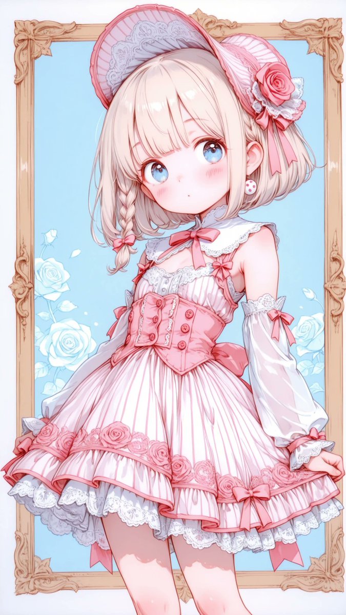 AliceLavli's tweet photo. ピンクは正義✨
ガーリードレスをどうぞ♪
sleeveless sweet lolita dress, soft blush pink cotton fabric, fine vertical pinstripe weave covering the entire dress, perfectly straight evenly spaced vertical stripes from bodice to hem, fitted bodice, pointed Peter Pan collar with scalloped pink embroidered edge, white floral lace yoke beneath the collar, delicate ruffled lace cap sleeves, tiny pink satin ribbon bows at both shoulders, large vivid rose pink satin ribbon tied beneath the collar, long ribbon tails, front button placket with four small round blush pink buttons, high fitted waist, matching blush pink waistband, centered waist bow, softly gathered A-line skirt, knee-length silhouette, continuous fine vertical pinstripes across the skirt, wide translucent embroidered hem border, pink rose embroidery around the entire hem, soft layered lace underskirt peeking beneath the hem, lightweight woven cotton texture, romantic vintage lolita style, perfectly symmetrical tailoring, crisp construction, strict color placement, soft blush pink fabric only, deeper rose pink ribbon only, white lace only, fine vertical pinstripes only, highly detailed stitching, fashion catalog quality