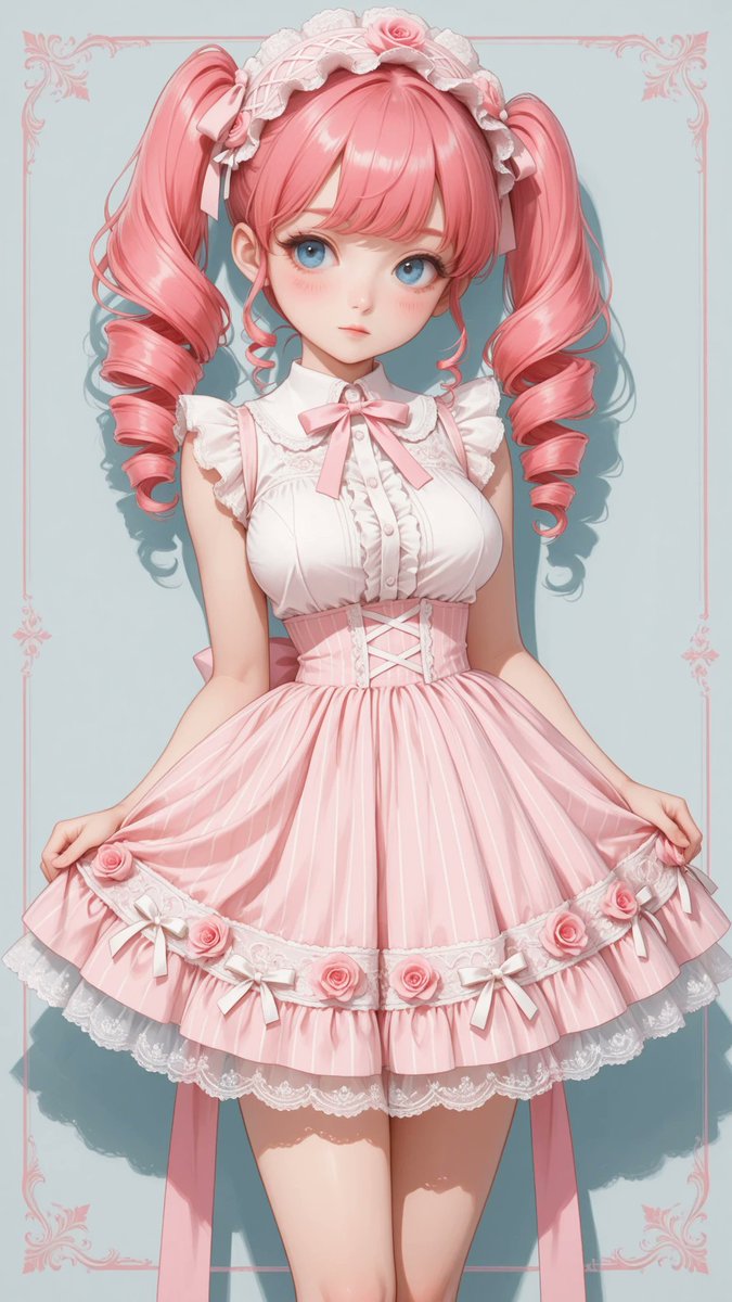 AliceLavli's tweet photo. ピンクは正義✨
ガーリードレスをどうぞ♪
sleeveless sweet lolita dress, soft blush pink cotton fabric, fine vertical pinstripe weave covering the entire dress, perfectly straight evenly spaced vertical stripes from bodice to hem, fitted bodice, pointed Peter Pan collar with scalloped pink embroidered edge, white floral lace yoke beneath the collar, delicate ruffled lace cap sleeves, tiny pink satin ribbon bows at both shoulders, large vivid rose pink satin ribbon tied beneath the collar, long ribbon tails, front button placket with four small round blush pink buttons, high fitted waist, matching blush pink waistband, centered waist bow, softly gathered A-line skirt, knee-length silhouette, continuous fine vertical pinstripes across the skirt, wide translucent embroidered hem border, pink rose embroidery around the entire hem, soft layered lace underskirt peeking beneath the hem, lightweight woven cotton texture, romantic vintage lolita style, perfectly symmetrical tailoring, crisp construction, strict color placement, soft blush pink fabric only, deeper rose pink ribbon only, white lace only, fine vertical pinstripes only, highly detailed stitching, fashion catalog quality
