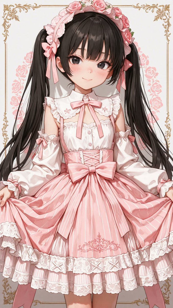 AliceLavli's tweet photo. ピンクは正義✨
ガーリードレスをどうぞ♪
sleeveless sweet lolita dress, soft blush pink cotton fabric, fine vertical pinstripe weave covering the entire dress, perfectly straight evenly spaced vertical stripes from bodice to hem, fitted bodice, pointed Peter Pan collar with scalloped pink embroidered edge, white floral lace yoke beneath the collar, delicate ruffled lace cap sleeves, tiny pink satin ribbon bows at both shoulders, large vivid rose pink satin ribbon tied beneath the collar, long ribbon tails, front button placket with four small round blush pink buttons, high fitted waist, matching blush pink waistband, centered waist bow, softly gathered A-line skirt, knee-length silhouette, continuous fine vertical pinstripes across the skirt, wide translucent embroidered hem border, pink rose embroidery around the entire hem, soft layered lace underskirt peeking beneath the hem, lightweight woven cotton texture, romantic vintage lolita style, perfectly symmetrical tailoring, crisp construction, strict color placement, soft blush pink fabric only, deeper rose pink ribbon only, white lace only, fine vertical pinstripes only, highly detailed stitching, fashion catalog quality