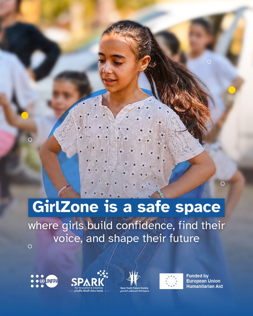 UNFPAPalestine's tweet photo. In Gaza, GirlZone is more than a safe space.💙

With support from @ECHO_MiddleEast, @syfspal and
@spark_gaza, in partnership with @UNFPA, girls find safety, belonging, psychosocial support, and the confidence to keep learning and build a more stable future.💙

#GirlPower

@UNFPA https://t.co/aNI9NUxj9e