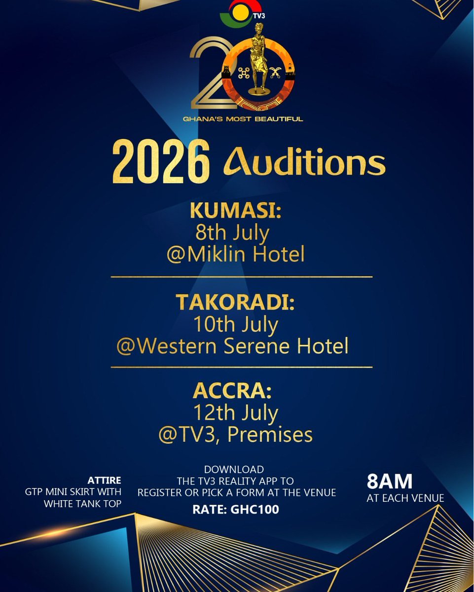 adesaprodltd's tweet photo. The journey to crown the next Ghana’s Most Beautiful queen is drawing closer.
Represent your region, showcase your culture, and take your shot at greatness.
See you at the auditions.
#GMB20 #GMB2026 #APL #adesaproduction https://t.co/ka6Ytxpror