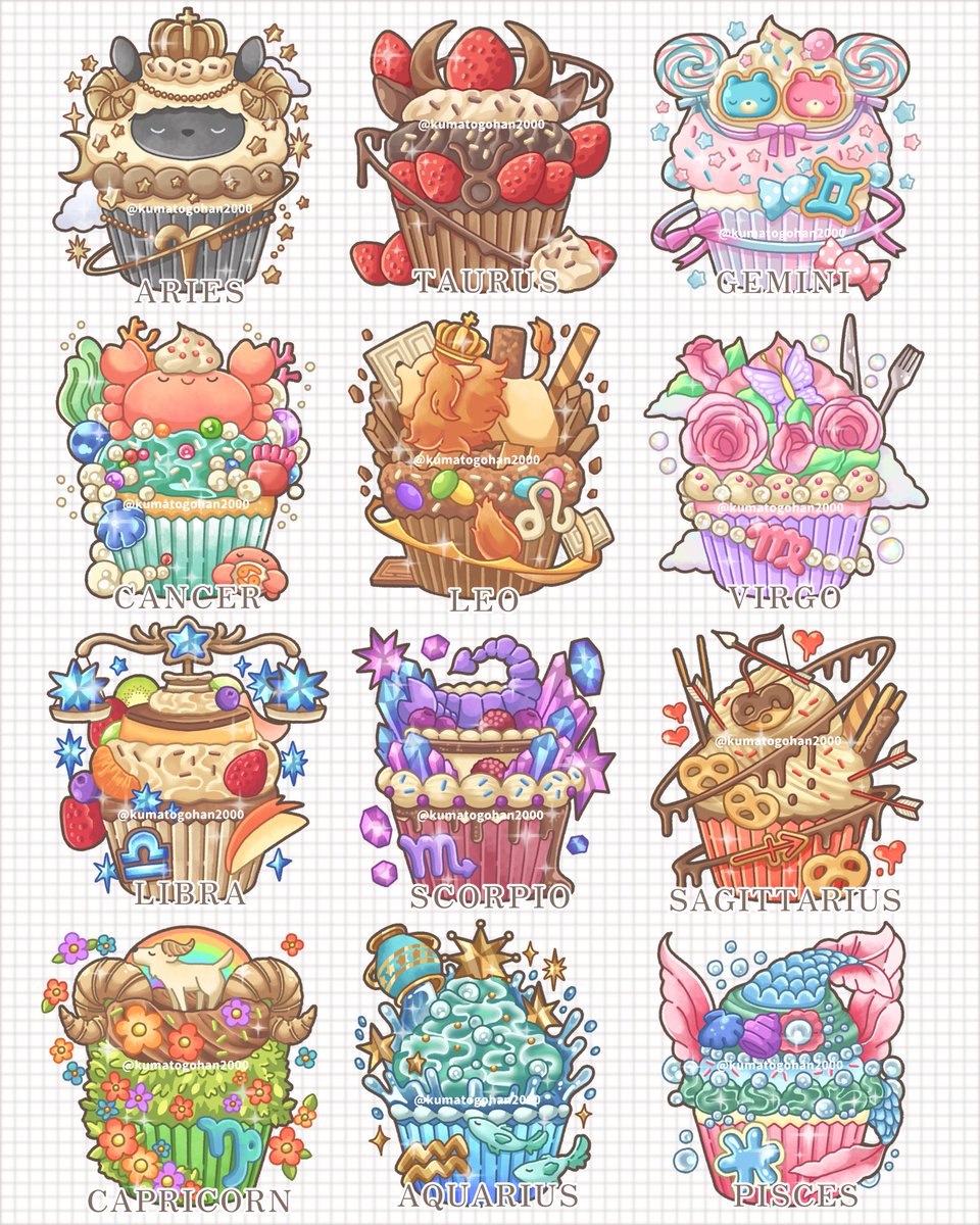 KUMAtoGOHAN2000's tweet photo. 💫12星座カップケーキ イラスト💫
⁡
3年前に描いた12星座のカップケーキをリメイク✍🏻💭
雰囲気もガラッと変わった気がするけど、もりもり詰め込み���いのは変わらないなぁ🤣💭

み���なはどのモチーフがすきー？✨️✨️

#イラスト #illustration https://t.co/8Wnjp7LIi9