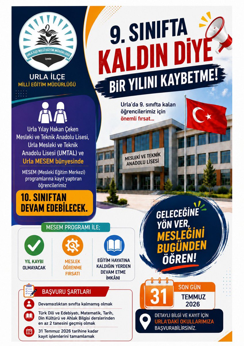 Urla_MEM's tweet photo. 9. sınıfta sınıf tekrarına kalan öğrencilerimiz için geleceğe yön verecek önemli bir fırsat sizleri bekliyor!
9. sınıfta kalan öğrencilerimiz, Meslek Liseleri ve Mesleki Eğitim Merkezlerinde (MESEM) eğitimlerine 10. sınıftan devam edebilecek.
@tcmeb @izmir_ilmem @SuleymanCan71 https://t.co/XyMOseZ3ro