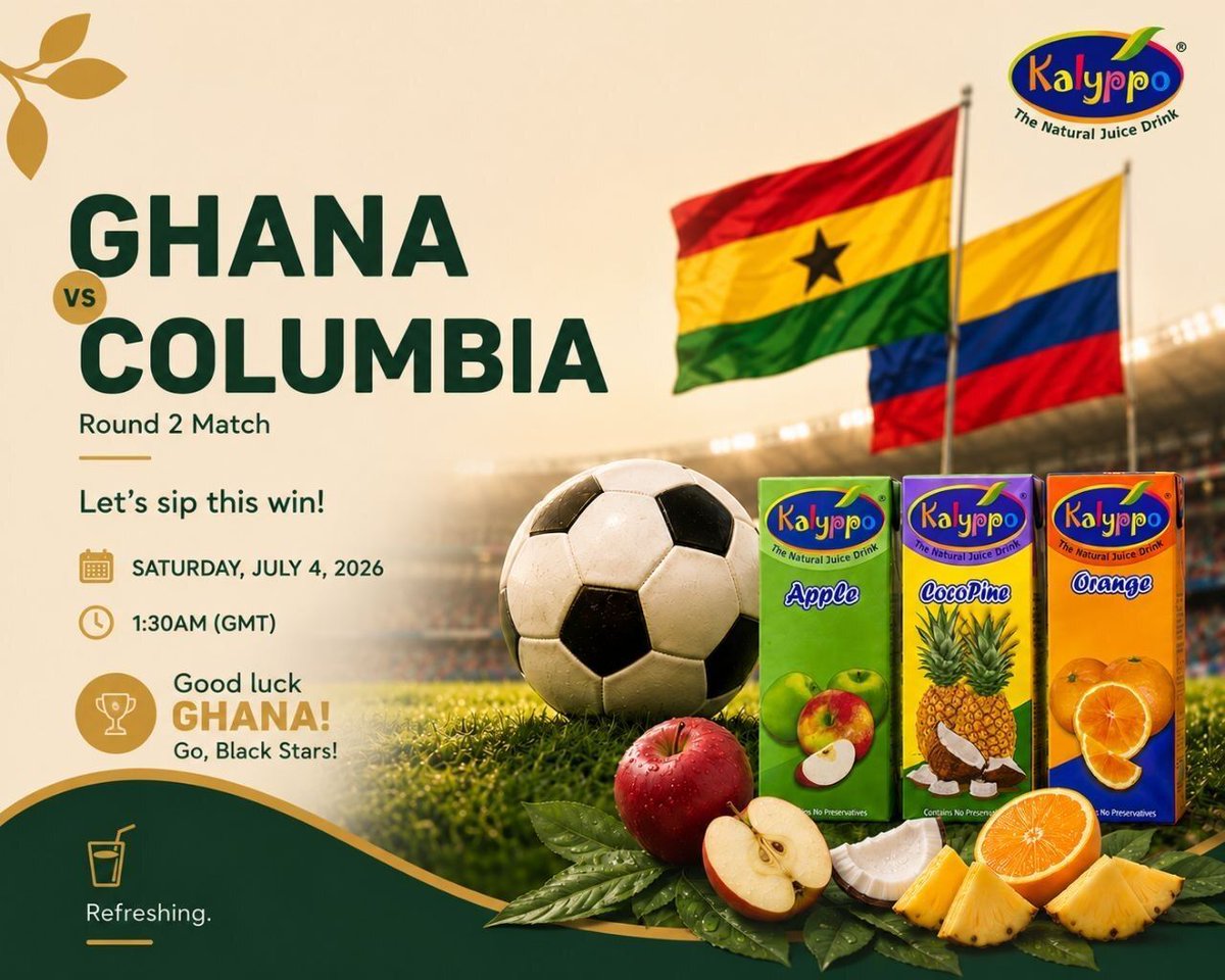 kalyppojuice's tweet photo. 🇬🇭 Match day is approaching! As the Black Stars take on Colombia in Round 2, we're rallying behind our team with pride and passion. Wishing our Team, Ghana the very best. Go, Black Stars! ⭐️⚽️ Let's sip this win! 🧃💛❤️
#GoBlackStars
#KalyppoGhana
#LetsSipThisWin https://t.co/SOeXgvKTsJ
