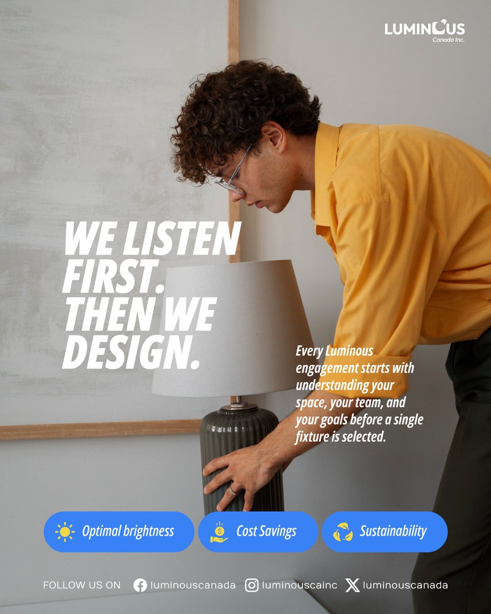 LuminousCanada's tweet photo. We listen first. Then we design.

Understanding your business comes before designing the right lighting solution.

Customized. Efficient. Sustainable.

#SmartLighting #Innovation #EnergyEfficiency #LuminousLightingCanada #Sustainability https://t.co/WzgJeDtB48