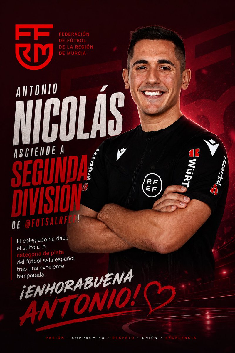 ffrm_es's tweet photo. 🔝✨ | ¡Antonio Nicolás Navarro ASCIENDE a Segunda División de @FutSalRFEF!

🤩 Gran noticia para el arbitraje de la Región de Murcia con el ascenso del colegiado de la FFRM a la categoría de plata del fútbol sala nacional.

👏 ¡El esfuerzo y el talento siempre tienen recompensa! ¡ENHORABUEEEENA ANTONIO 🫂!

ℹ️ https://t.co/Y3k5TbzoP8