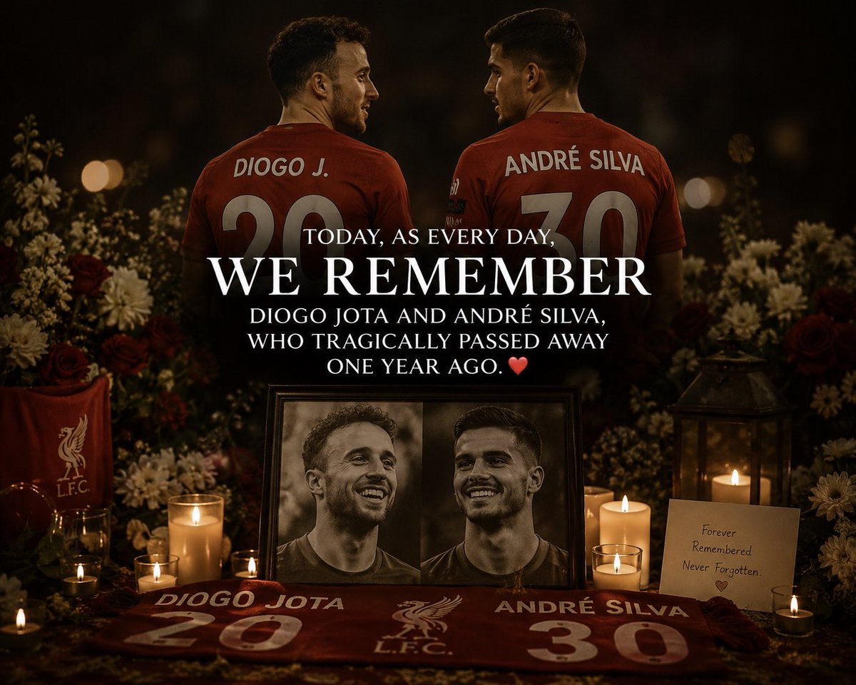 lfcgradyspage's tweet photo. Today, as every day, we remember Diogo Jota and André Silva, who tragically left us one year ago. Though time has passed, the pain of their loss remains, as does the profound impact they had on everyone who knew them, watched them, and admired them. Diogo’s passion, talent, and infectious smile, alongside André’s kindness and dedication, continue to live on in the hearts of millions. They may no longer walk among us, but their legacy, their spirit, and the memories they created will never fade. Forever remembered, forever loved, forever in our hearts ❤️

#lfc #ynwa #anfield