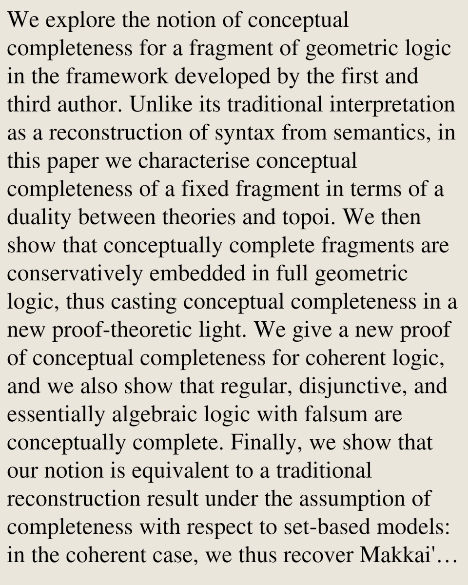 PRWT's tweet photo. Conceptual completeness for subgeometric logics

Ivan Di Liberti, Umberto Tarantino, Lingyuan Ye
https://t.co/lgMYyB2ju2 [𝚖𝚊𝚝𝚑.𝙻𝙾 𝚌𝚜.𝙻𝙾 𝚖𝚊𝚝𝚑.𝙲𝚃] https://t.co/Sgf5f3mCcR
