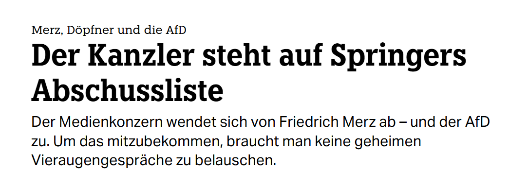 TDittkuhn's tweet photo. Die einst gute Beziehung zwischen #Merz und Springer bröckelt. Ein interessanter Kommentar von @LeonHolly_.

https://t.co/nbBDBZsELc https://t.co/jK83bOEOSP