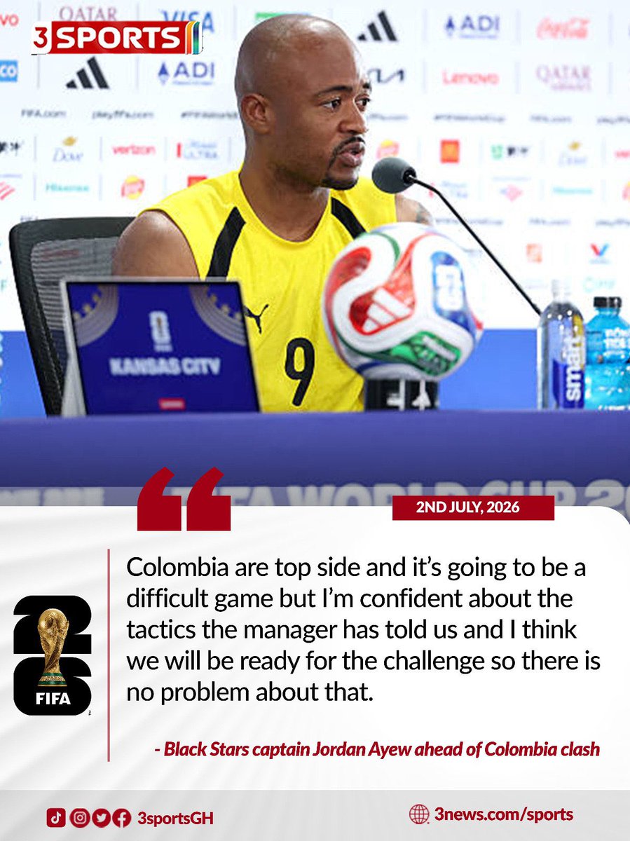 tv3_ghana's tweet photo. Jordan Ayew says there should be no problem playing against Colombia

#3Sports #Mundial26OnMG #TV3GH https://t.co/ZgUAOymtCT