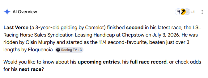 HughRacing's tweet photo. I know everyone says AI is improving all the time but here it's confidently giving us the result of a race that's still 7 hours away https://t.co/rfZfblK2M7