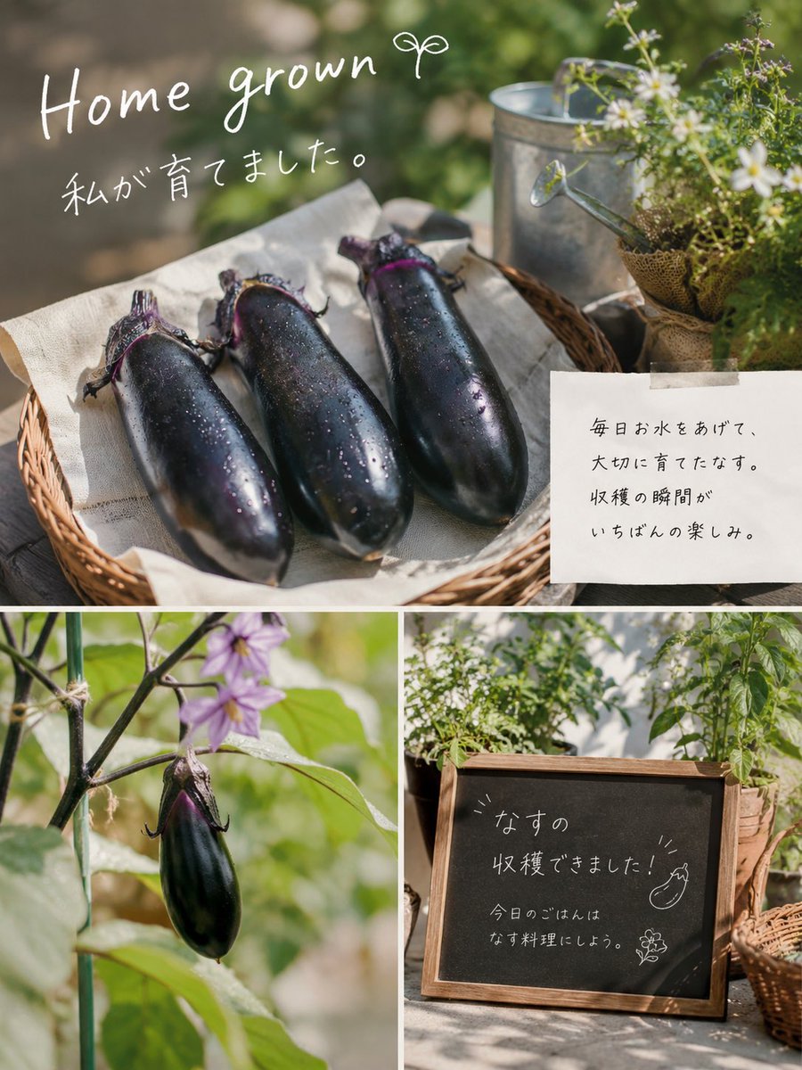 sycp606's tweet photo. さっき収穫したナスの写真チャッピーに送って
オシャレな画像作ってって頼んだらめっちゃいい写真にしてくれた😂

今日はおナス3本🍆 https://t.co/pmdut0zVcR