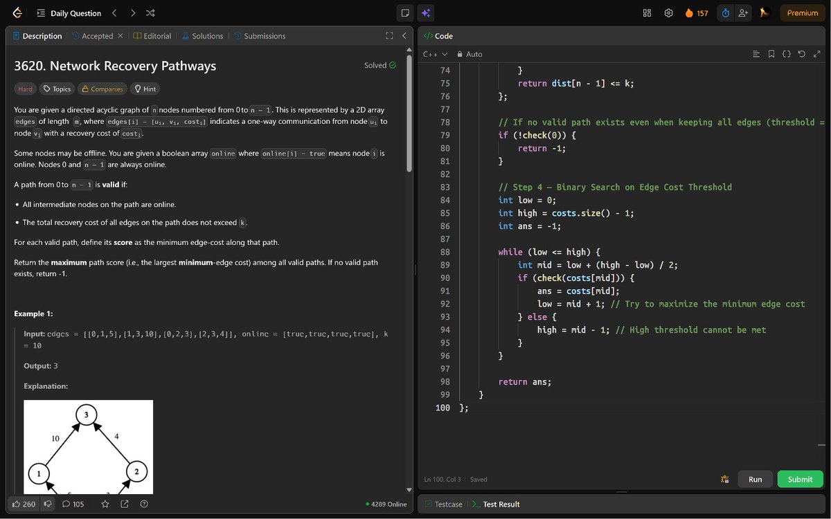 PankajB42550's tweet photo. 🚀 #Day 157/100 (Network Recovery Pathways @LeetCode – #Daily)!

Key: Binary search on score + DAG DP to check valid path within cost k using edges with cost ≥ mid.

⌛ O(m log C) | O(n + m)
✅ Accepted

@CoderArmy #100DaysOfCode #DSA #BinarySearch #DAG #DP #DSA26 #DAY157 https://t.co/oZBq4pUxKg
