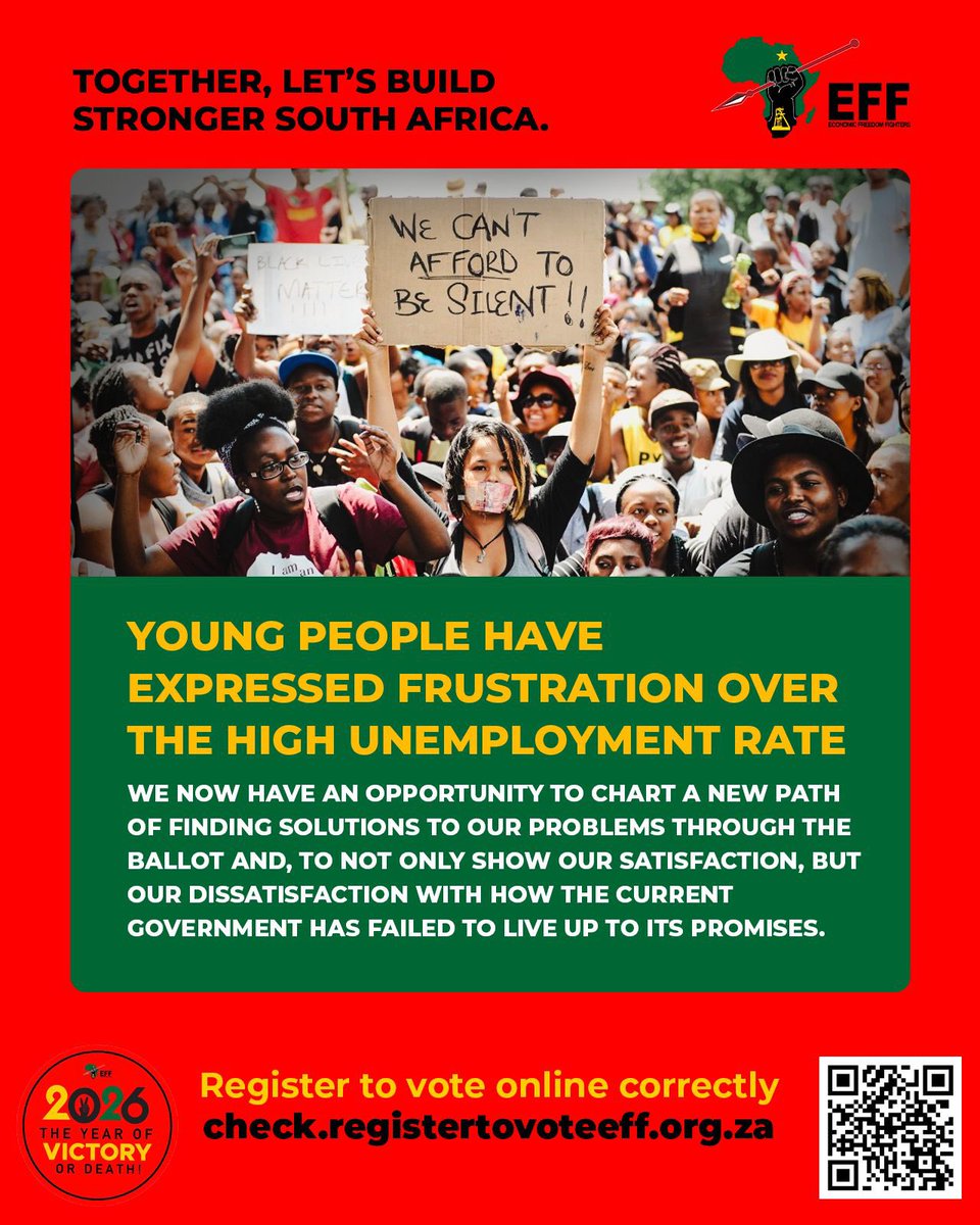 EFFSouthAfrica's tweet photo. Young people have expressed frustration over the high unemployment rate.

Register To Vote EFF In The 2026 Local Government Elections To Be Held On The 4th of November 2026

Link: https://t.co/ydvMdsh0Mb https://t.co/tur95cdD5A