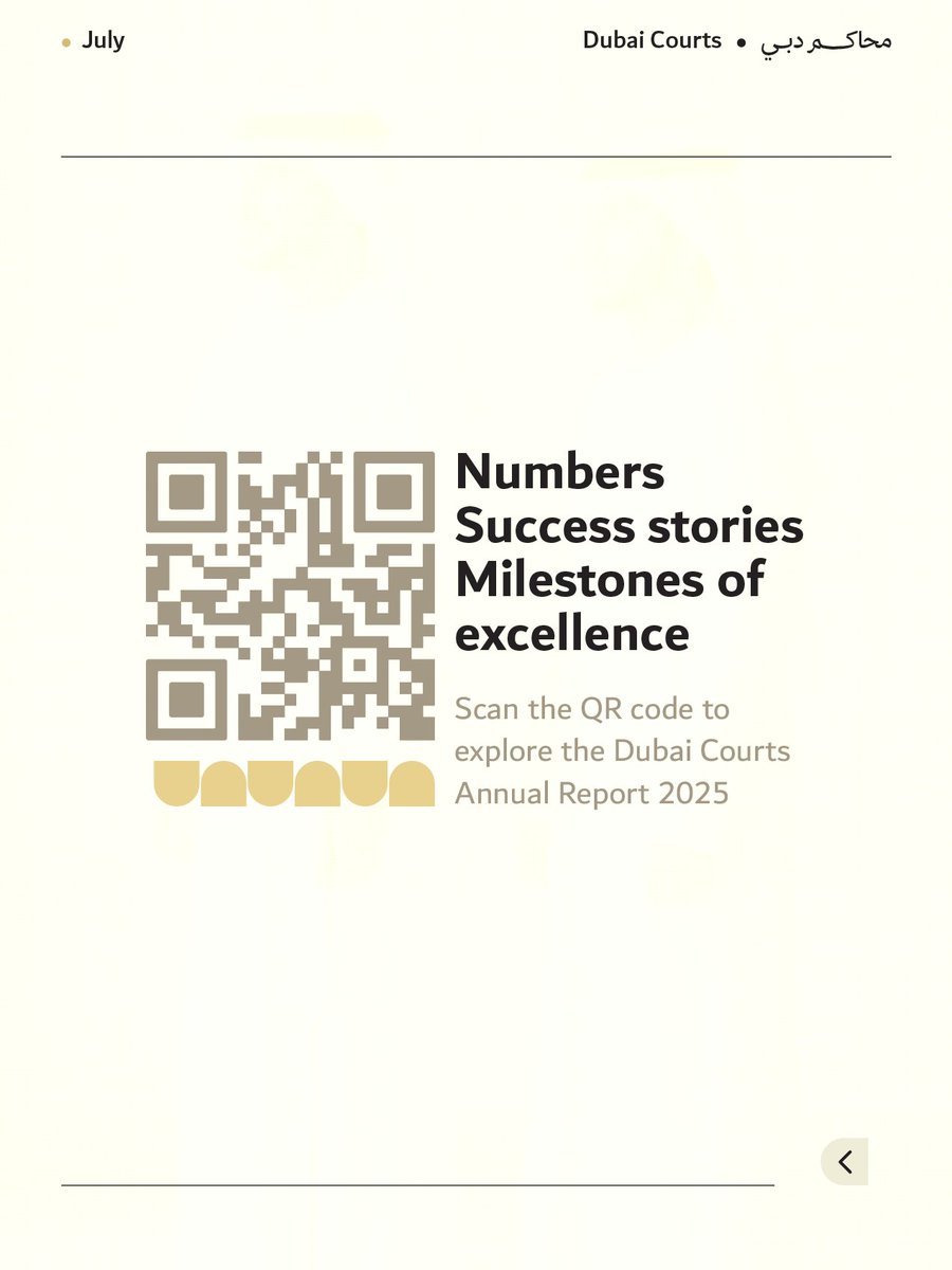 DubaiCourts's tweet photo. The Dubai Courts Annual Report 2025 showcases the organisation's key achievements, performance indicators, pioneering projects and landmark initiatives that have strengthened the efficiency of the judicial system and reinforced Dubai's position as a global hub for justice.

Scan the QR code or visit the through the following link to explore the Dubai Courts Annual Report 2025.
https://t.co/2Sc8puUfV1 

#DubaiCourts