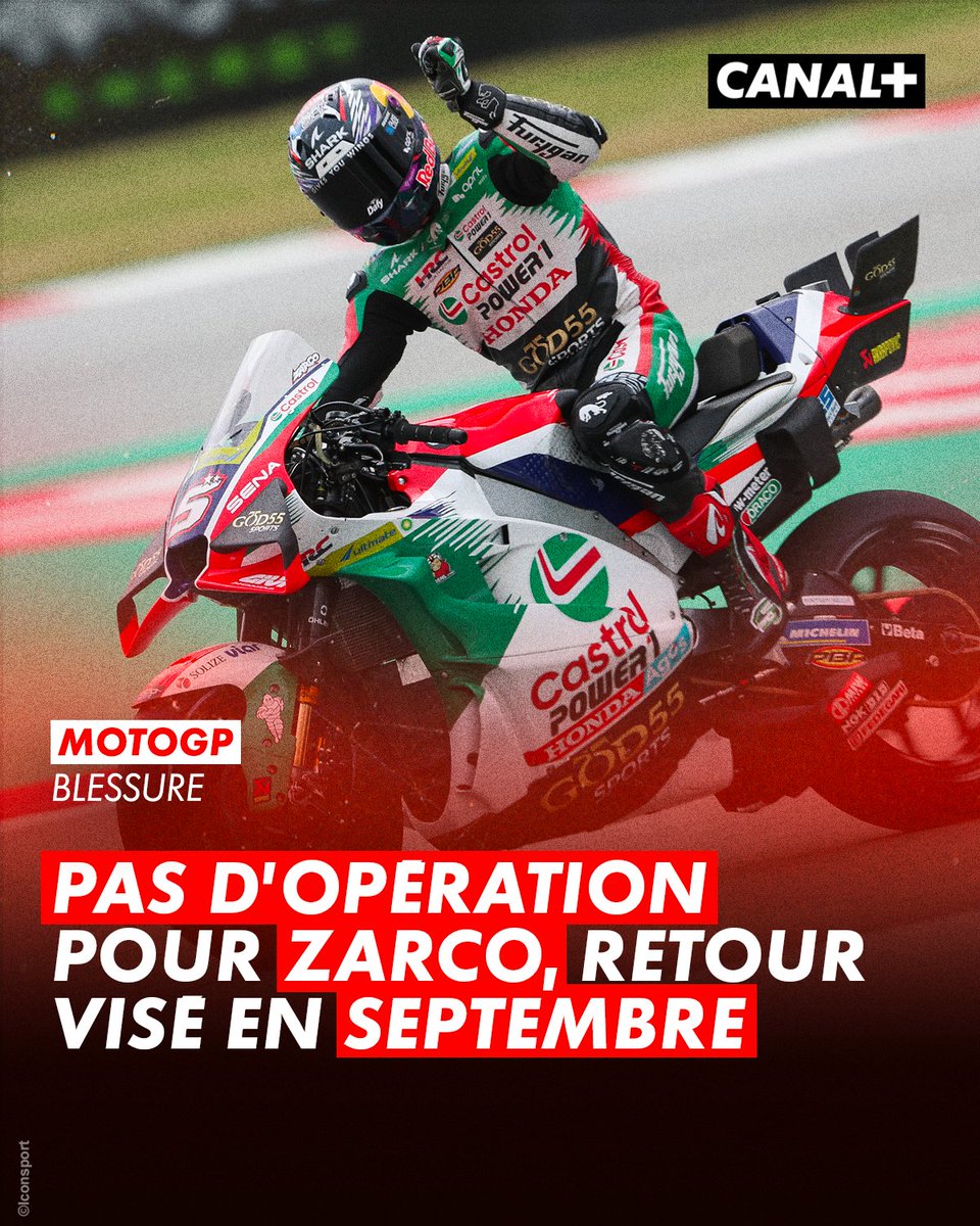 CanalplusMotoGP's tweet photo. 🚨 Johann Zarco ne va pas se faire opérer et vise un retour en septembre !

Dans un communiqué, LCR explique que la situation du Français s'est améliorée et qu'il va pouvoir envisager un retour à la compétition après l'été, sans passer par une opération ! #MotoGP https://t.co/XTmQLVChCm