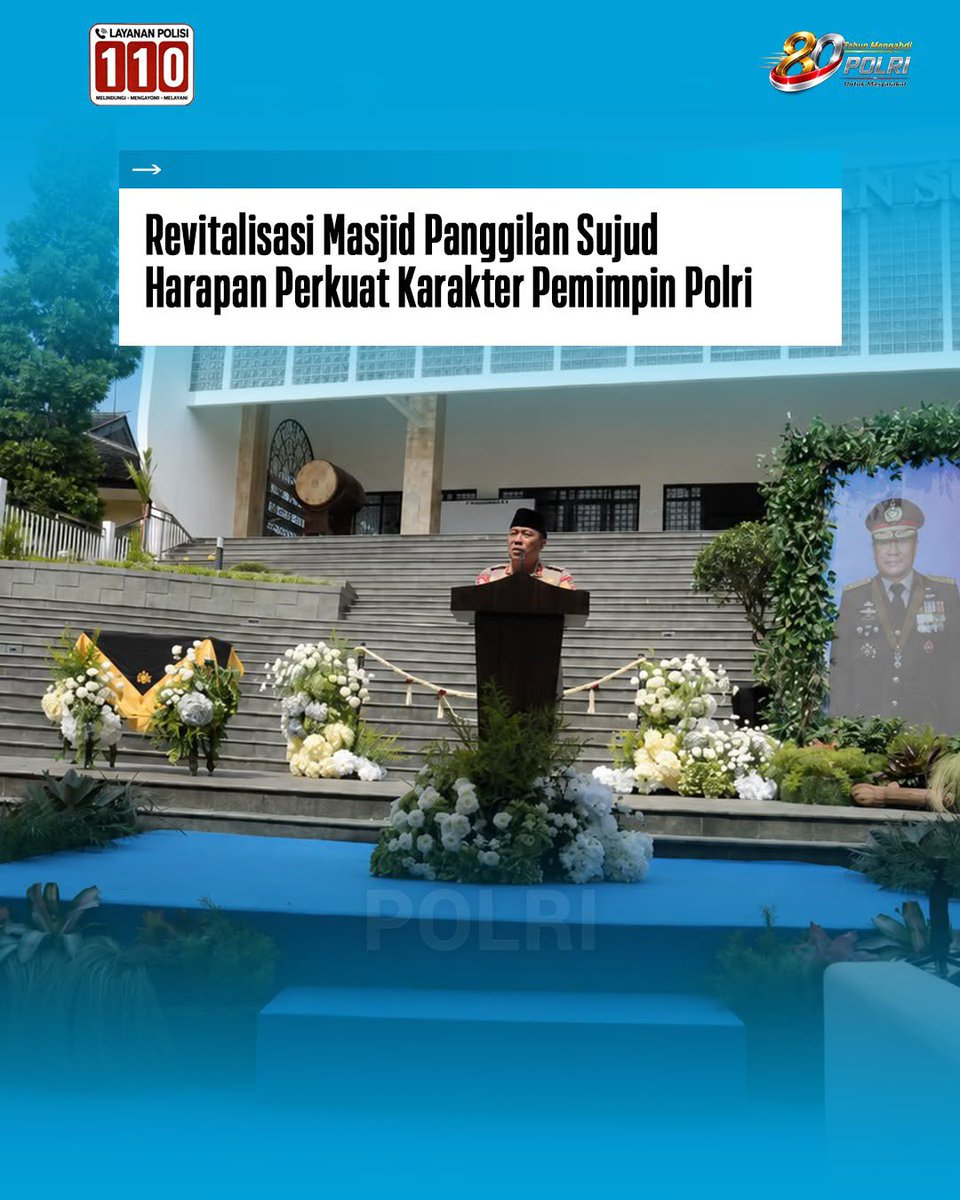 DivHumas_Polri's tweet photo. Wakapolri, Komjen Pol. Prof. Dr. Dedi Prasetyo, S.H., M.Hum., M. Si., M.M., meresmikan revitalisasi Masjid Panggilan Sujud di Sespim Lemdiklat Polri, Lembang, Jawa Barat. Peresmian revitalisasi Masjid Panggilan Sujud dilaksanakan bertepatan dengan momentum Hari Bhayangkara ke-80 Tahun 2026. Revitalisasi ini bertujuan memperkuat fungsi masjid sebagai pusat pembentukan karakter, pendidikan, dan penguatan spiritual. Langkah tersebut diharapkan dapat mencetak pemimpin Polri yang berintegritas, adaptif, dan berorientasi pada pengabdian kepada masyarakat. Peresmian revitalisasi masjid turut diisi kuliah umum oleh KH. Dr. Aang Ridwan, M. Ag., dosen Fakultas Dakwah dan Komunikasi Program Studi Komunikasi dan Penyiaran Islam (KPI) UIN Sunan Gunung Djati Bandung. Ia mengapresiasi komitmen Polri dalam memperkuat dimensi spiritual melalui revitalisasi rumah ibadah. 

“Masjid pendidikan harus menjadi tempat lahirnya pemimpin Polri yang unggul secara akademik, kuat secara spiritual, berintegritas, dan mengabdi kepada masyarakat,” ujar Wakapolri.