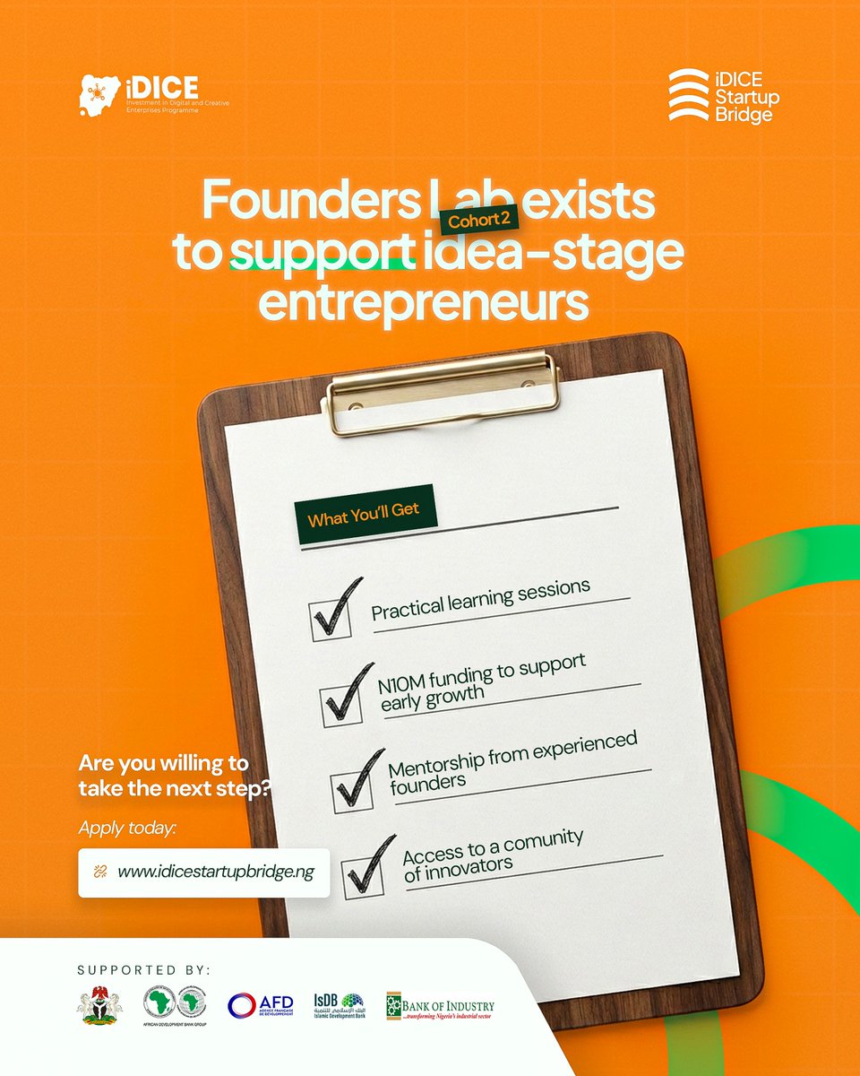 21stCEHub's tweet photo. Applications for Cohort 2 are now open. Apply to Founders Lab at https://t.co/jnlcSyCp0w

This innovative inclusive and sponsored programme targets Tech idea-stage founders between 18 to 35 years in Nigeria. https://t.co/PwUncyyC98