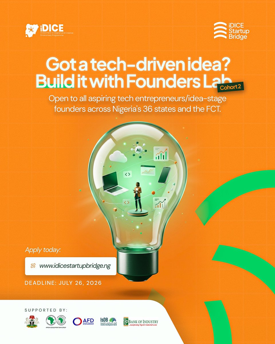 21stCEHub's tweet photo. Applications for Cohort 2 are now open. Apply to Founders Lab at https://t.co/jnlcSyCp0w

This innovative inclusive and sponsored programme targets Tech idea-stage founders between 18 to 35 years in Nigeria. https://t.co/PwUncyyC98
