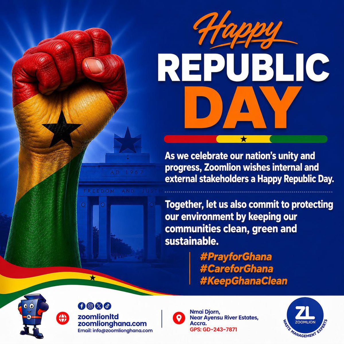 ZoomlionLtd's tweet photo. As we celebrate our nation's unity and progress, @ZoomlionLtd wishes internal and external stakeholders a Happy Republic Day.

Together, let us also commit to protecting our environment by keeping our communities clean, green and sustainable.

#PrayforGhana #KeepGhanaClean https://t.co/Zj7qDBeZ7j