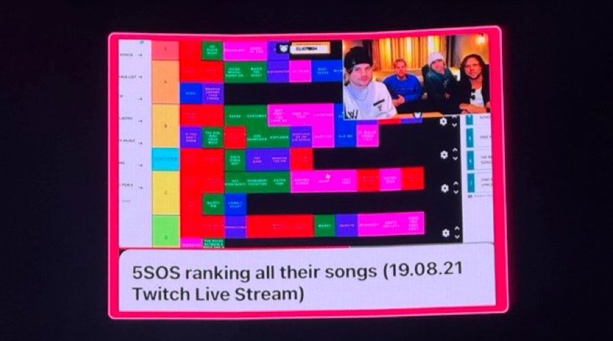 facingmichael's tweet photo. only 5 seconds of summer could make a tier list of their songs, put it on a big screen at a show for a lore-drop, and STILL not have the songs in the higher tiers in their setlist ☺️ https://t.co/jkb4V7fpsI
