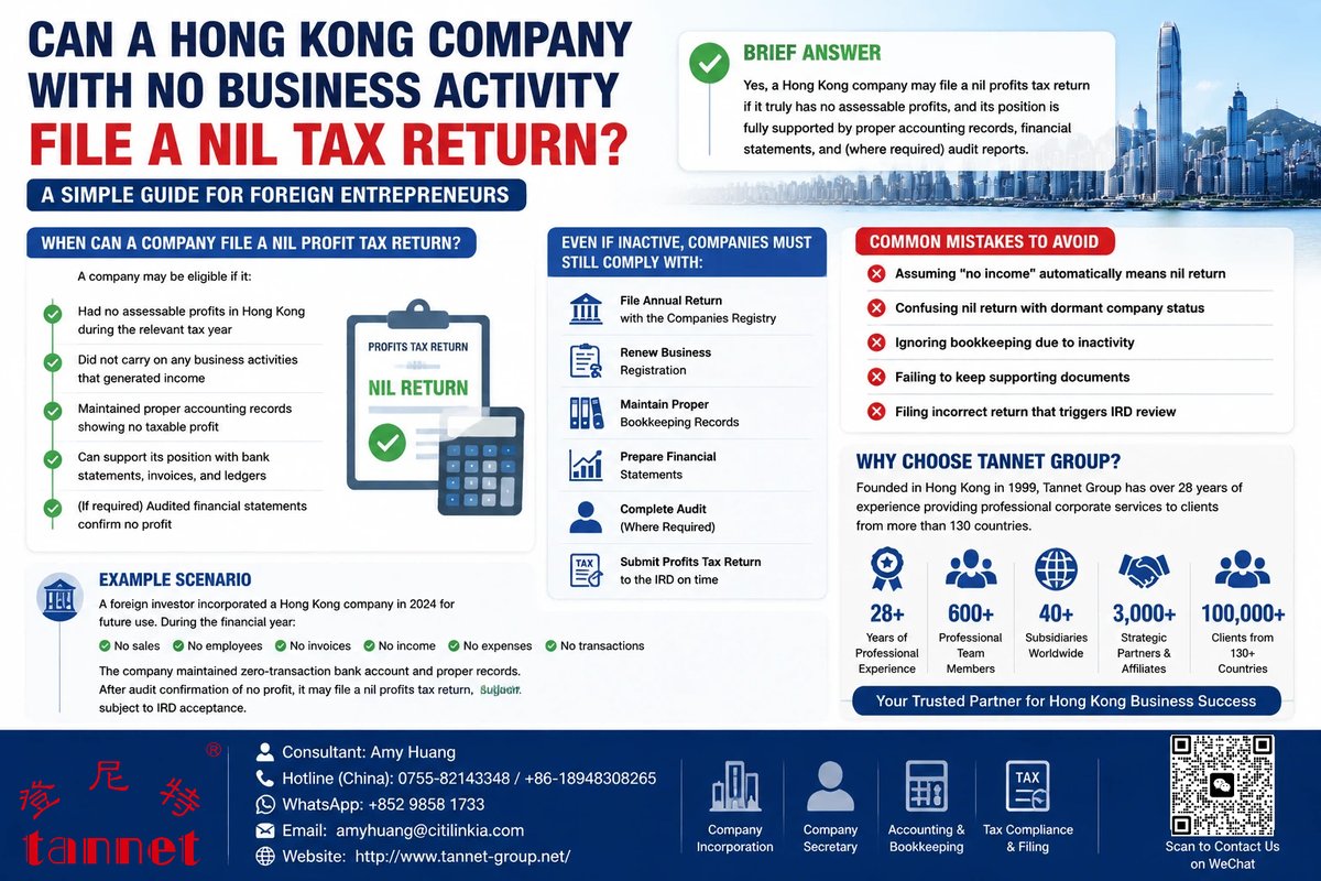 TannetGlobal's tweet photo. Can a Hong Kong company file a Nil Profits Tax Return just because it has no income?
Not necessarily.

Eligibility depends on:
✔ Assessable profits (IRD rules)
✔ Bookkeeping records
✔ Audit support (if required)
No evidence = no valid nil filing.
#HongKongNilProfitsTaxReturn https://t.co/ya8CgzfeOD