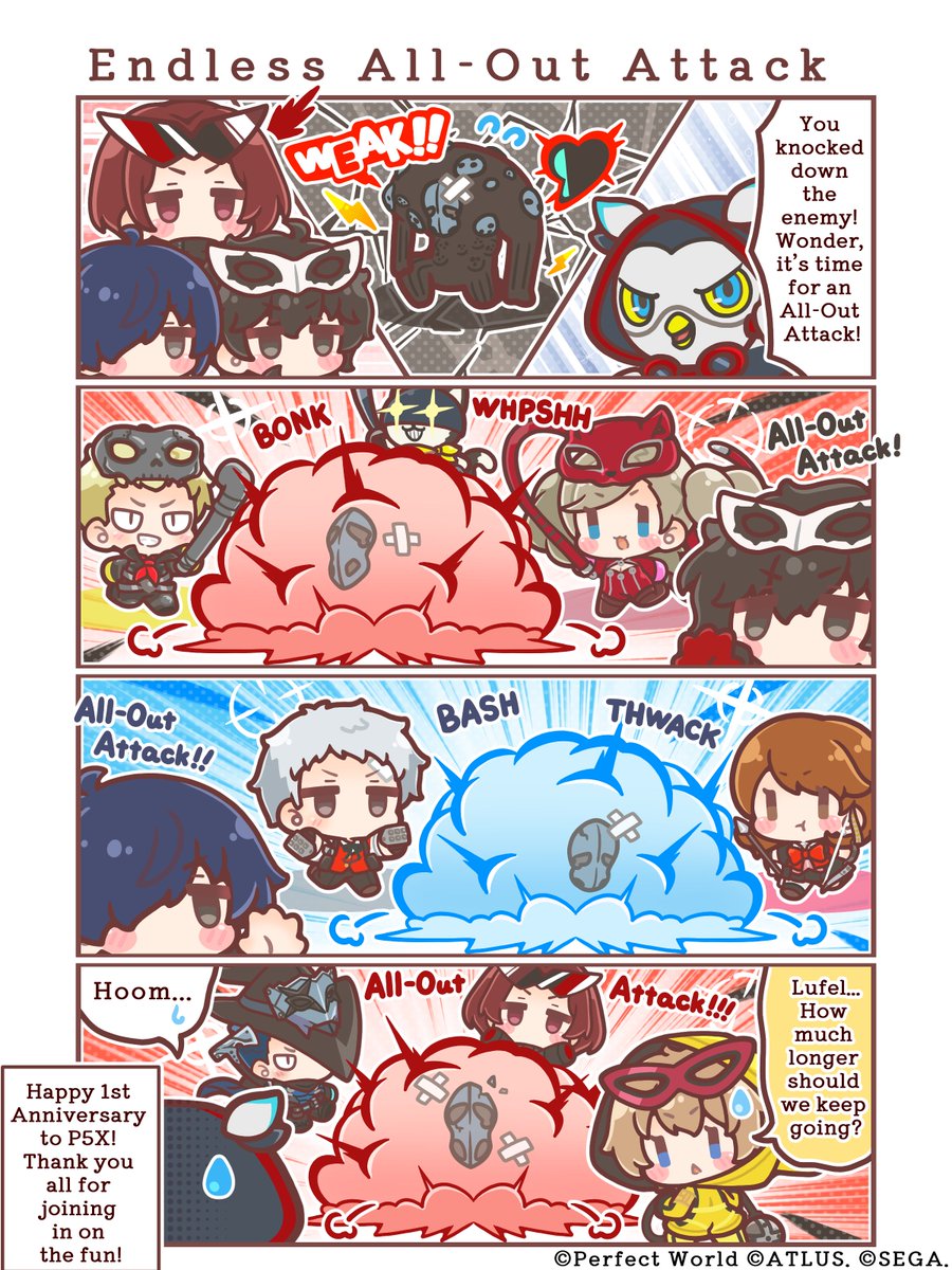 P5XOfficialWest's tweet photo. ╋━━
P5Xfourpanel comic
　　　　　　　━━━╋
The (ir)regular serialization of P5X's official 4-panel comic continues!
Just another normal day for the Phantom Thieves and friends...

💥Chapter 10: Endless All-Out Attack
Happy 1st Anniversary to P5X!
Lufel calls for an All-Out Attack after the enemy gets knocked down ‼️
The gang rushes in all together, but it seems like they don't know when to stop...

#P5XEN #P5R #P3R #P5X_fourpanelcomic #P5X1stAnni #P3RxP5X