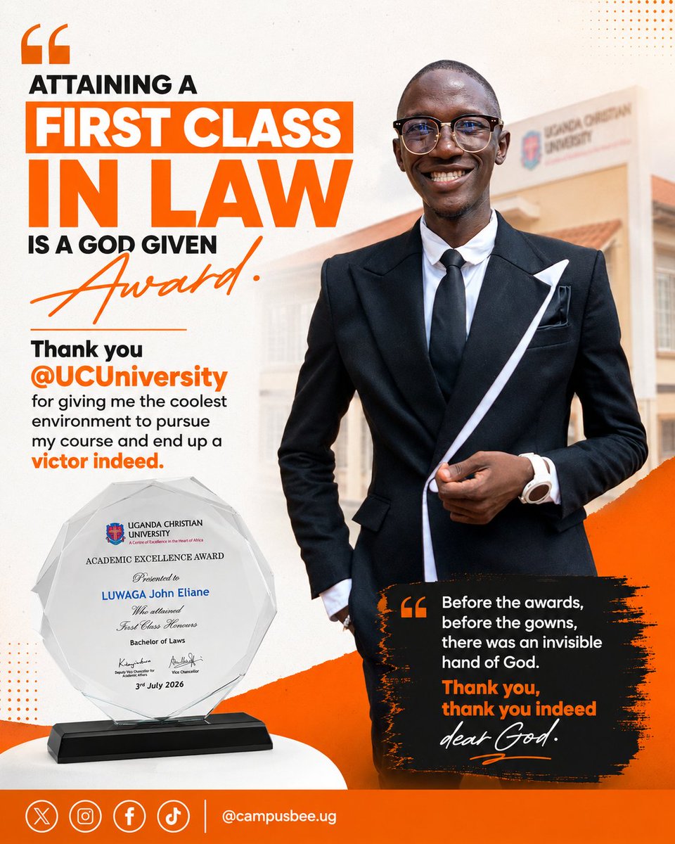 campusbeeug's tweet photo. Uganda Christian University has recognized Luwaga John Eliane with an Academic Excellence Award after graduating with First Class Honours in the Bachelor of Laws (LLB) programme. @UCUniversity https://t.co/pVuwM7Lp3W