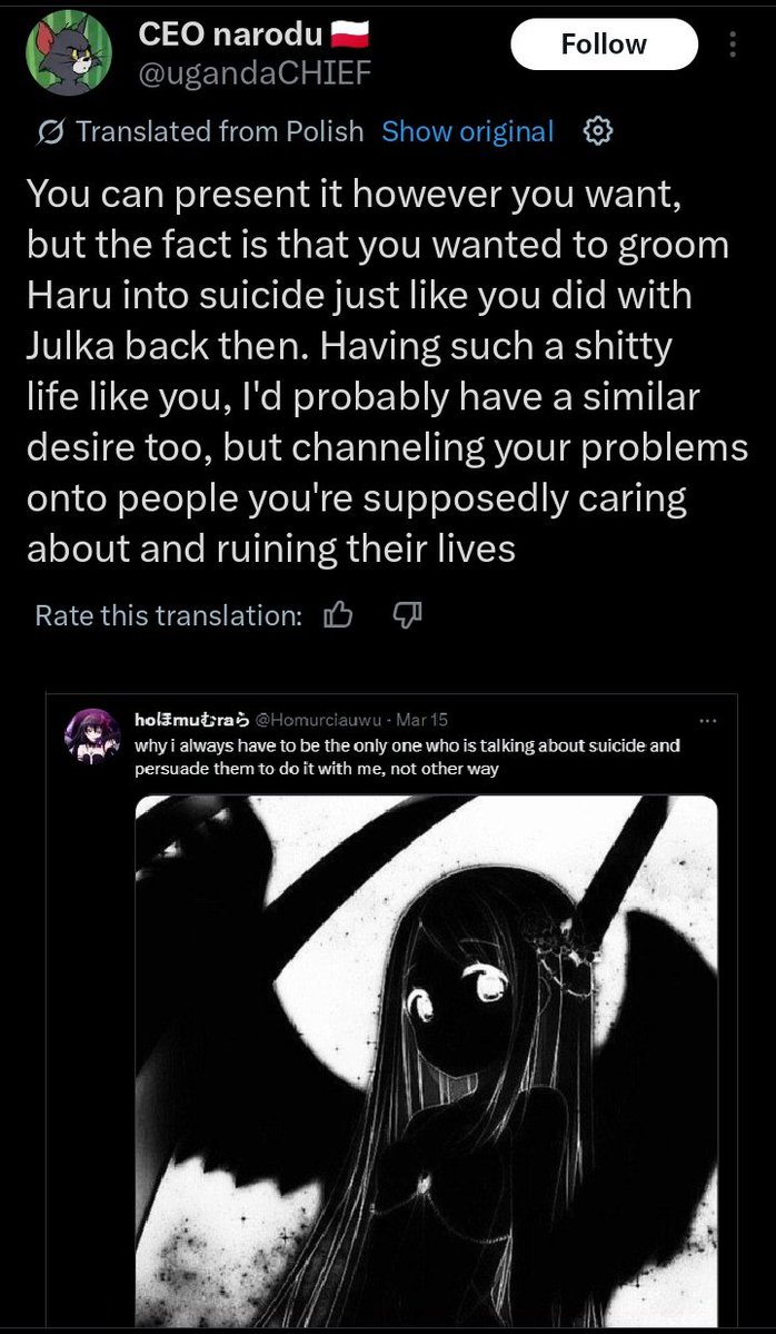 Leoko72's tweet photo. Wolek is maybe talking about a so called "Julka" here. this tweet I have here is from 2023 where someone answered the private account of homurcia (homurciauwu) context unclear but it's already known that she not just groomed yuki or haru idk I confuse the names sometimes https://t.co/uTDWb5poOH