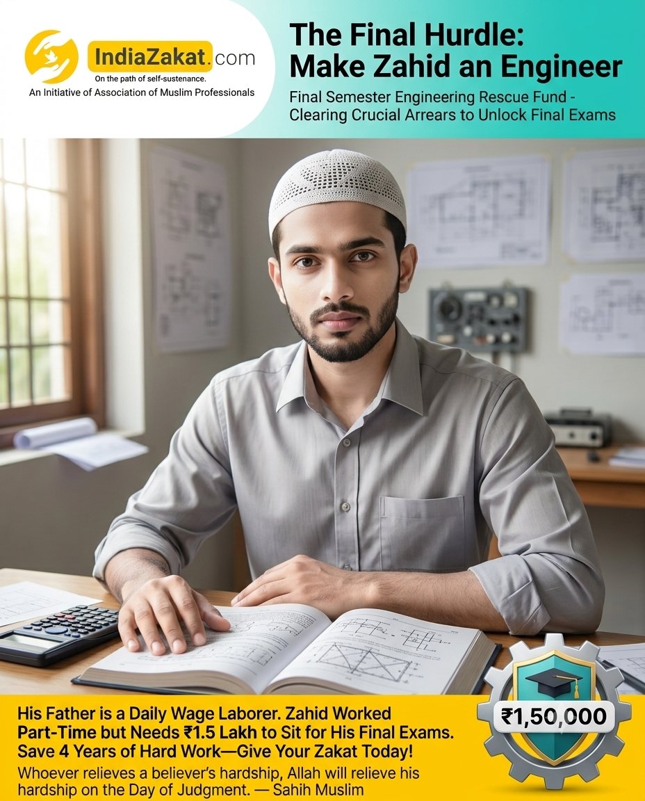 TheIndiaZakat's tweet photo. Zahid, a final-year engineering student, risks missing his final exams due to pending college fees. He works part-time, while his father is a daily wage laborer.
Your Zakat &amp; Sadaqah can help him become an engineer.
Kindly donate at:
https://t.co/40YEt7CiZh https://t.co/WFu3UX7ZOd