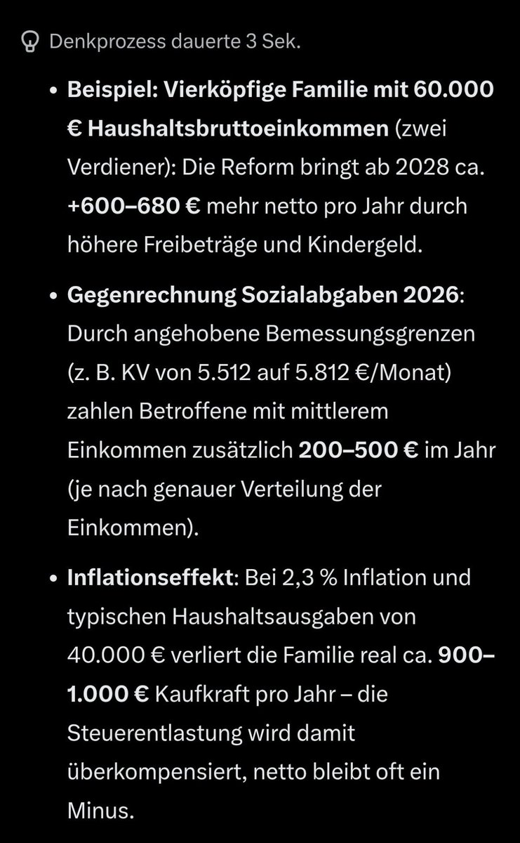 fpbuilds's tweet photo. Das Informationszeitalter ist der Endboss für Politiker die versuchen ihr Volk zu täuschen.

“600 Euro mehr netto” – das war die gesamte positive Story der Regierung zur Steuerreform.

Eine KI entlarvt diese Täuschung in 3 Sekunden: Höhere Sozialabgaben und Inflation fressen die Entlastung komplett auf – netto entsteht sogar ein Minus.

Was früher mit der Deutungshoheit locker durchkam, funktioniert heute nicht mehr. In naher Zukunft fällt niemand mehr darauf rein. 

Herrlich 🤣