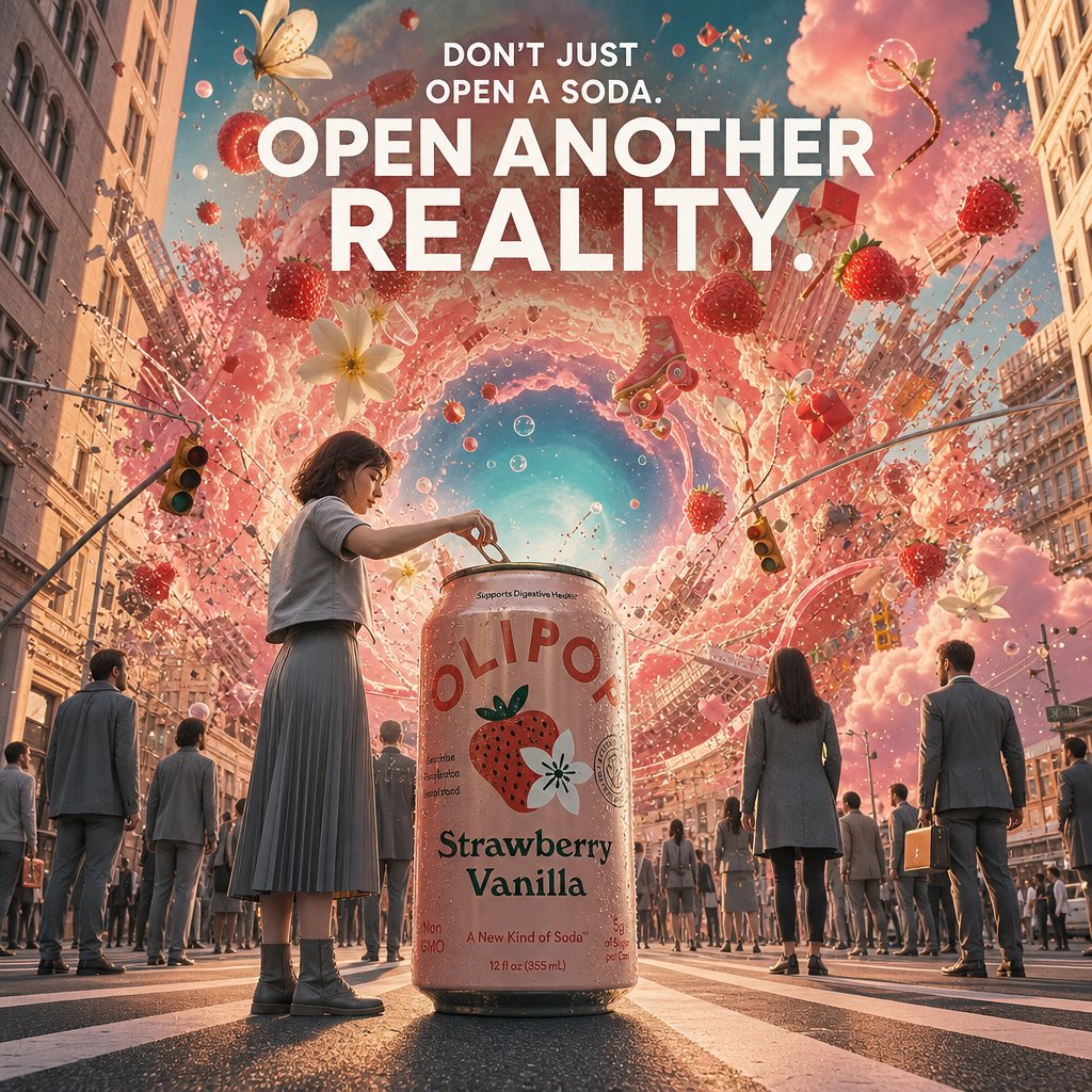 ugencyai's tweet photo. Not your average soda ad. Stepped into the OLIPOP universe and built a world where prebiotics meet pure imagination. Which flavor are you diving into Strawberry Vanilla, Classic Grape, or Vintage Cola? https://t.co/Uz6raepdD0