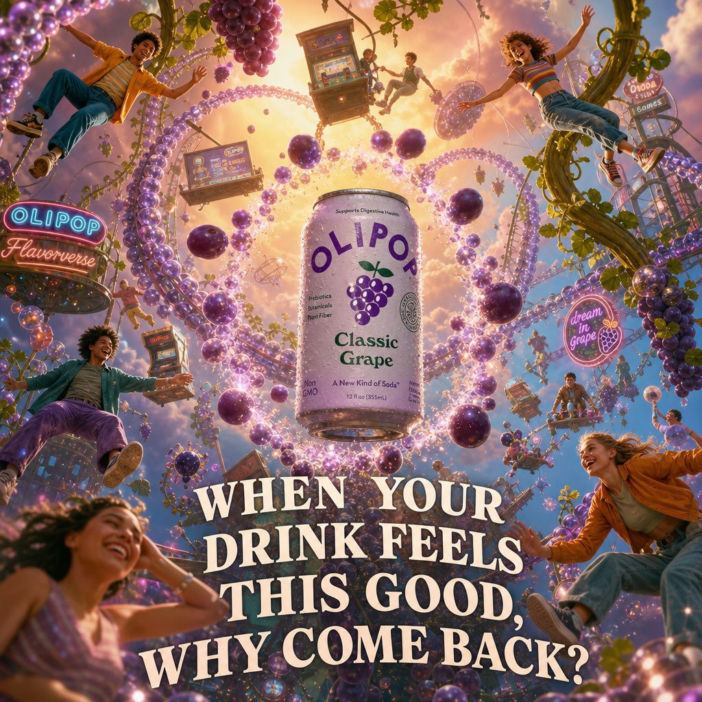 ugencyai's tweet photo. Not your average soda ad. Stepped into the OLIPOP universe and built a world where prebiotics meet pure imagination. Which flavor are you diving into Strawberry Vanilla, Classic Grape, or Vintage Cola? https://t.co/Uz6raepdD0