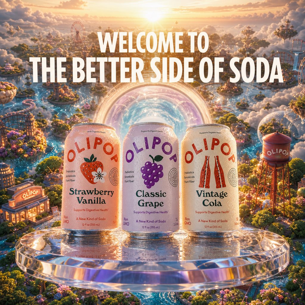 ugencyai's tweet photo. Not your average soda ad. Stepped into the OLIPOP universe and built a world where prebiotics meet pure imagination. Which flavor are you diving into Strawberry Vanilla, Classic Grape, or Vintage Cola? https://t.co/Uz6raepdD0