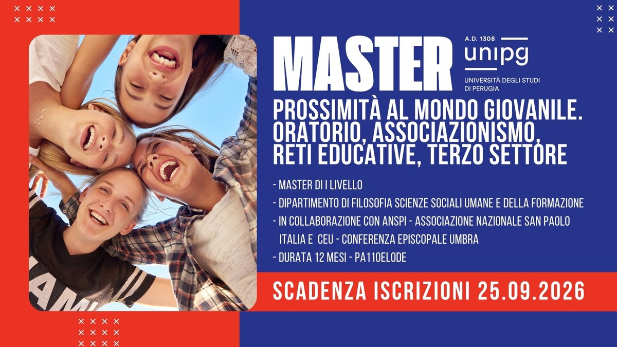 UniperugiaNews's tweet photo. 𝗠𝗮𝘀𝘁𝗲𝗿 𝗜 𝗹𝗶𝘃𝗲𝗹𝗹𝗼 #unipg
Prossimità al mondo giovanile. Oratorio, Associazionismo, Reti educative, Terzo Settore
Scadenza iscrizioni: 𝟮𝟱.𝟬𝟵.𝟮𝟬𝟮𝟲
Tutte le informazioni e il bando: https://t.co/VdMz7GsnE8 https://t.co/bcQNPulurd