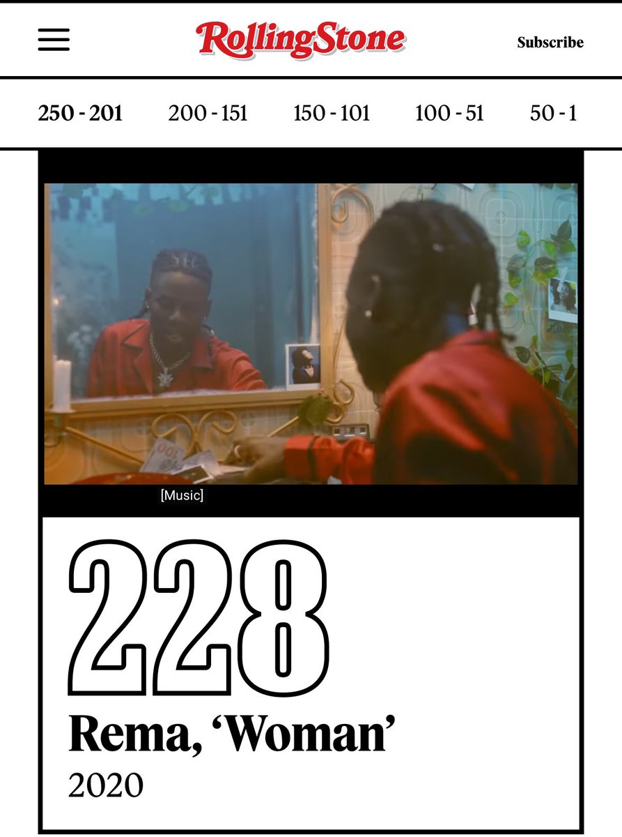 hypetribeng's tweet photo. ROLLING STONE – THE 250 GREATEST SONGS OF THE 21ST CENTURY SO FAR (2025):

#228. “WOMAN” — REMA https://t.co/aJEige5LVz