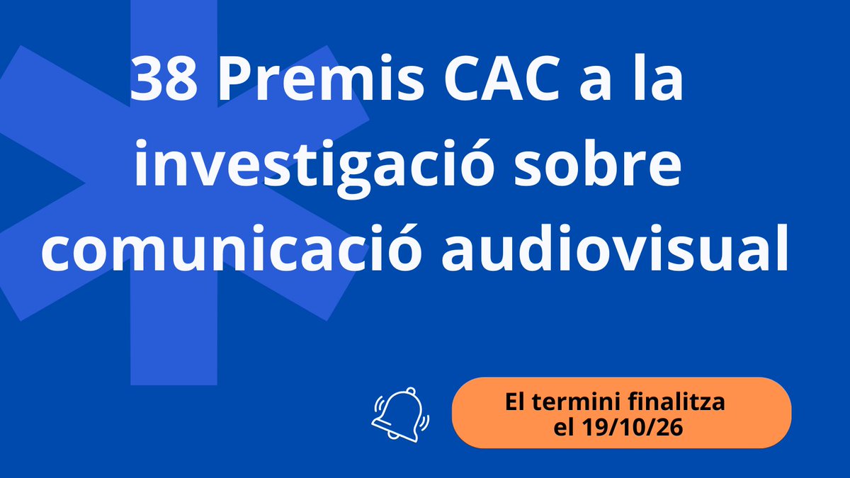 Consell_Audio's tweet photo. 🔴 Oberta la convocatòria dels 38 Premis CAC a la investigació sobre comunicació audiovisual. Dues categories: Premi al tema obert i Premi al tema específic (El paper de les plataformes digitals en la construcció del discurs social). Dotació: 7.000 €
🔗 https://t.co/PPkgkAIeOb https://t.co/RklyhJmdQ6