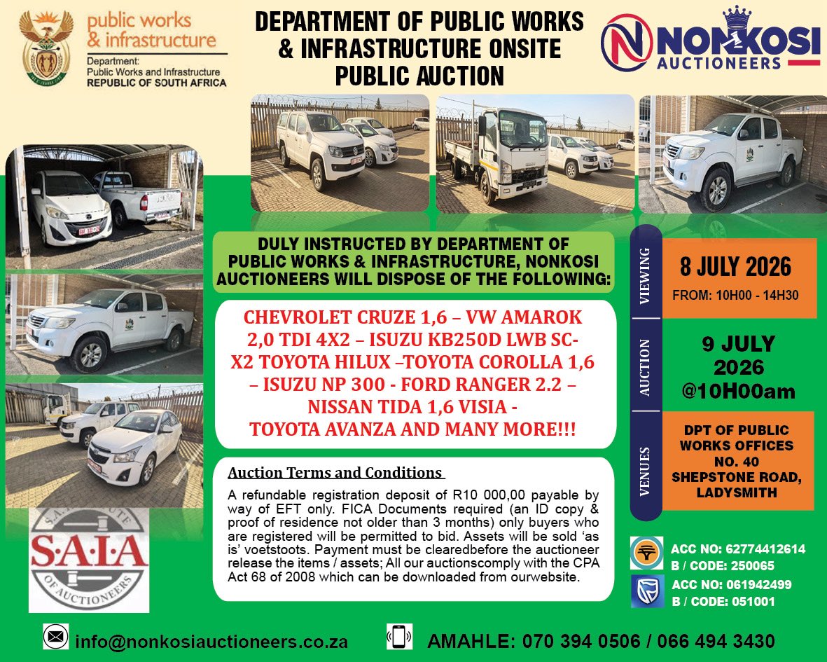 IsolezweNews's tweet photo. ISIKHANGISO | I-Nonkosi Auctioneers, egunyazwe uMnyango Wezemisebenzi Yomphakathi Nezingqalasizinda, izobe iqhuba indali yezimoto.
 
Woza uzobhalisa, ubuke izimoto ezizodayiswa, bese ubamba iqhaza kule ndali.

#publicworksauction 
#NonkosiAuctioneers
#GovernmentAuction https://t.co/WNSC5j3BIg
