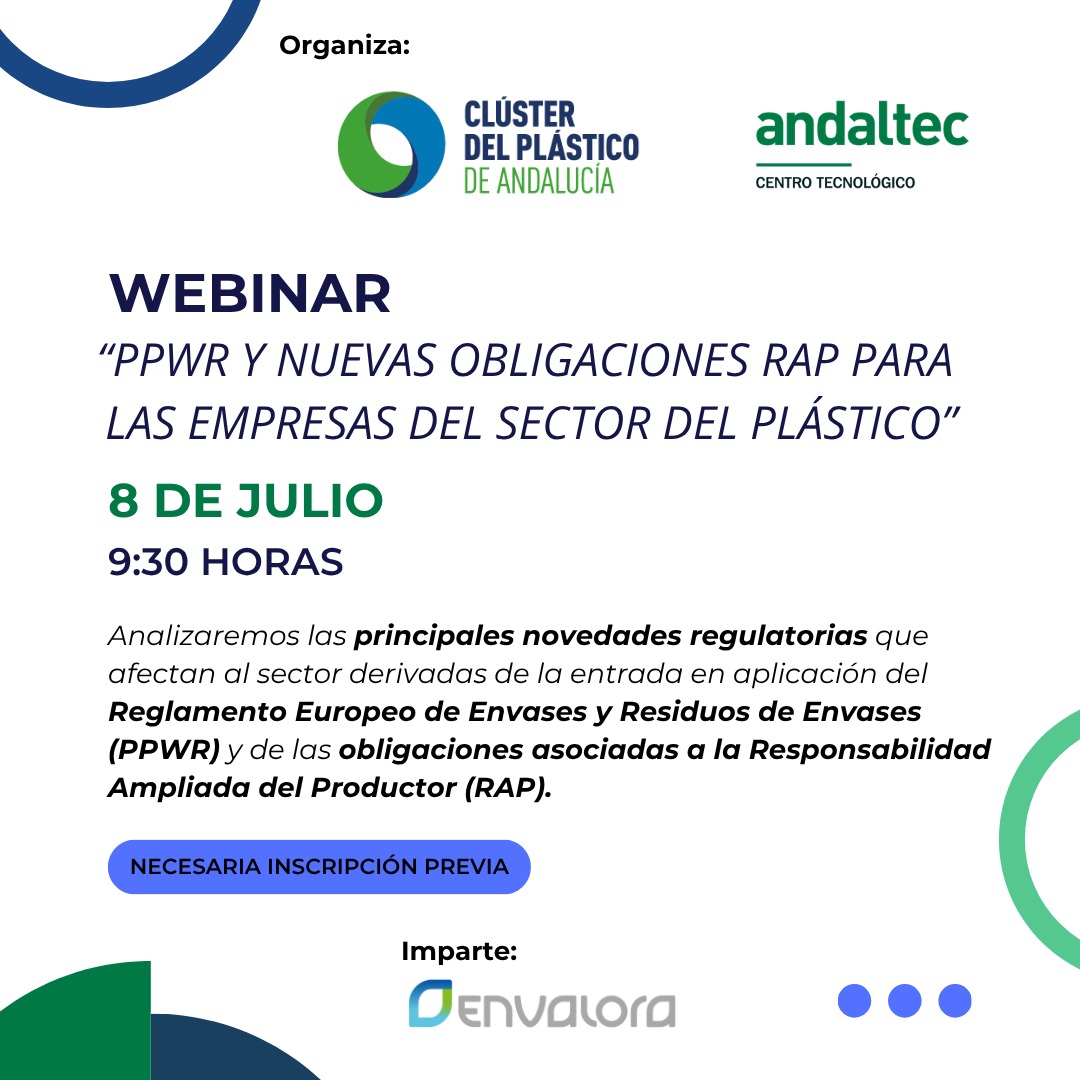 clusterplastico's tweet photo. 📅 El 8 de julio, @plasticluster y @andaltec organizamos el webinar "PPWR y nuevas obligaciones RAP para las empresas del sector del plástico"

Inscríbete aquí ⤵️
https://t.co/FgGZP2SAK0 https://t.co/A32EKJfKQp