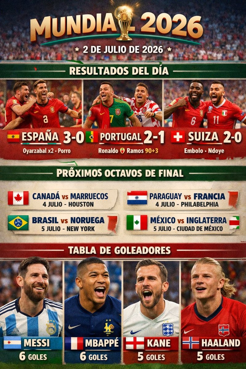 noticnacinter's tweet photo. Hoy, 2 de julio de 2026, se jugaron los últimos partidos de dieciseisavos del Mundial: España venció 3-0 a Austria, Portugal derrotó 2-1 a Croacia y Suiza ganó 2-0 a Argelia, clasificándose todos a octavos de final. https://t.co/eeiesgzFfC