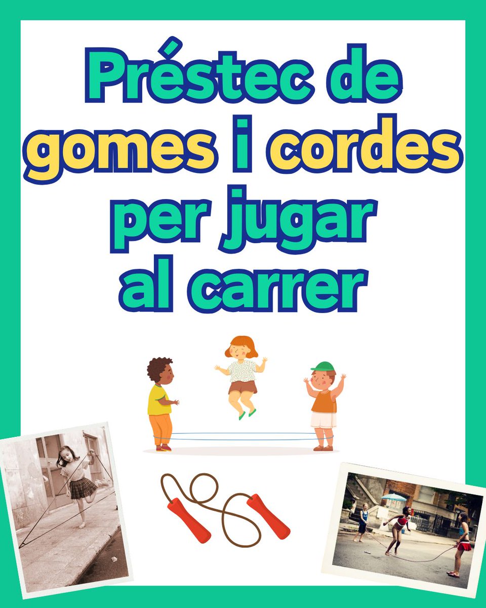 BibJoanMargarit's tweet photo. 🙏I també disposem de gomes i cordes en préstec per passar una bona estona jugant als Jardins de Can Ginestar!🤩
#BJM #quèfemalesbiblios #BibliotequesXBM #activitats #infants #jocsdecarrer #cançons #cultura #SantJust https://t.co/nMrqvCmIeO