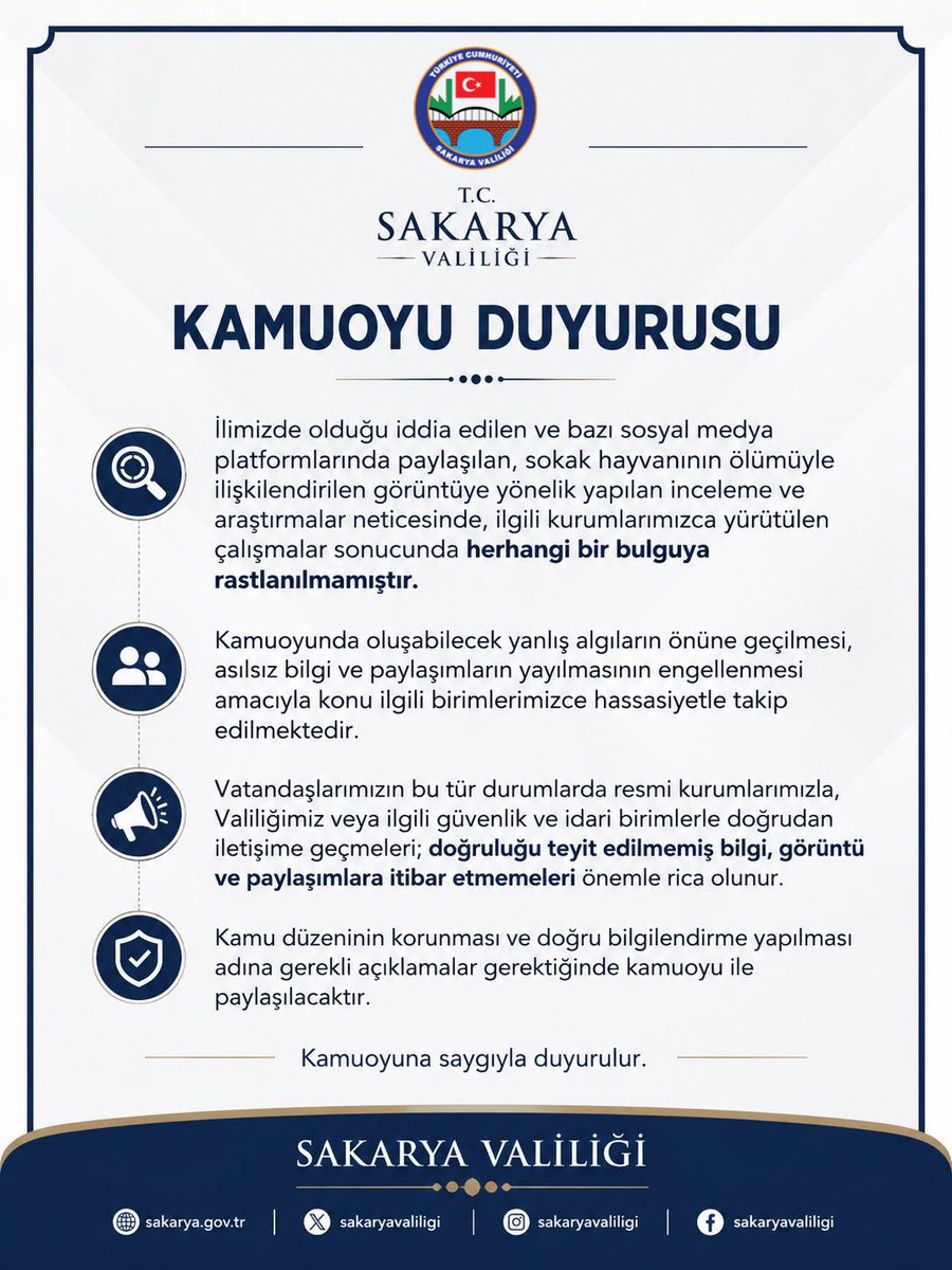 SakaryaValiligi's tweet photo. 📣DUYURU📢

İlimizde olduğu iddia edilen ve bazı sosyal medya platformlarında paylaşılan, sokak hayvanının ölümüyle ilişkilendirilen görüntüye ilişkin duyuru. https://t.co/2OTkrdKxLG
