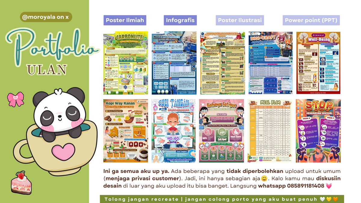 moroyala's tweet photo. Mari custom majalah poster publik ilmiah penelitian infografis feed ig carousel buku saku booklet leaflet board game monopoli invitation video edukasi canva banner flyer brosur pamflet komik mindmap scrapbook diaku

➡️ https://t.co/79nVY8p0bv

#zonauang
joki tugas skripsi tesis https://t.co/Vx3fLHZ4U6