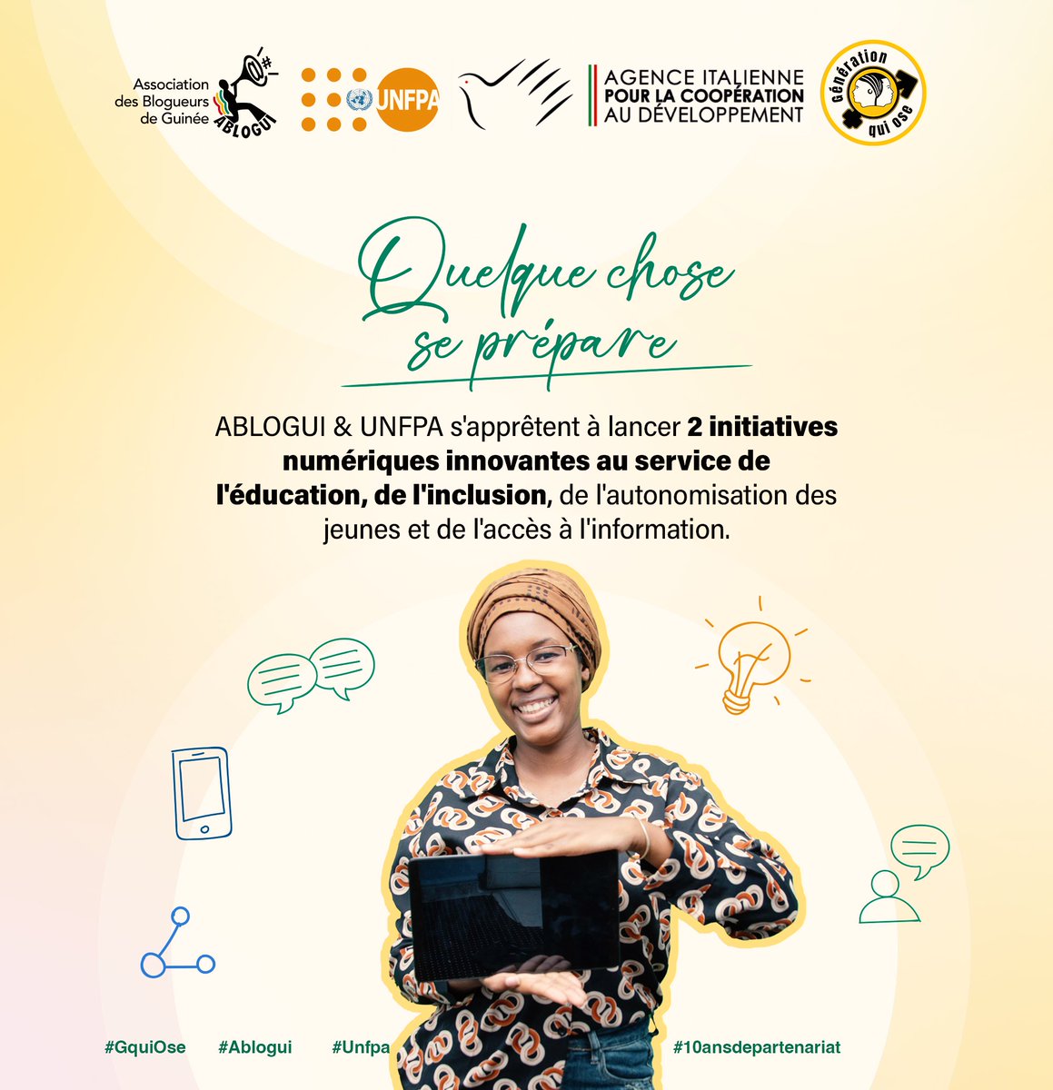 ablogui's tweet photo. Quelque chose se prépare…
ABLOGUI &amp; @unfpa_guinee s'apprêtent à lancer 2 initiatives numériques innovantes au service de l'éducation, de l'inclusion, de l'autonomisation des jeunes et de l'accès à l'information.
Restez connectés.

#kibaro #GquiOse @GquiOse https://t.co/2AvkOBF7gq