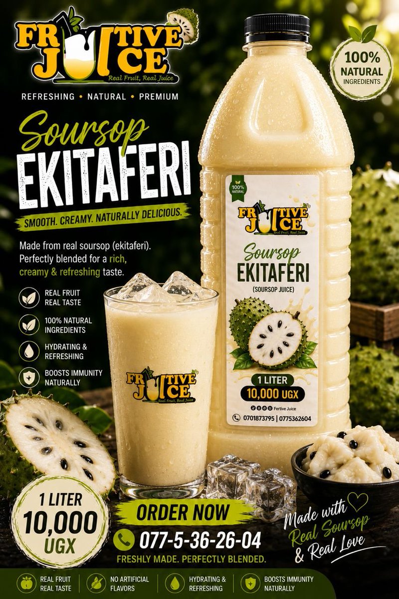 FruitiveJuice's tweet photo. Treat yourself to the rich, refreshing taste of Soursop Juice! Packed with vitamins and antioxidants, it helps support your immune system, aids digestion, and keeps you feeling refreshed.
Order your bottle today and enjoy nature's goodness in every sip! 🍃💚 https://t.co/cpfjsg7nSD