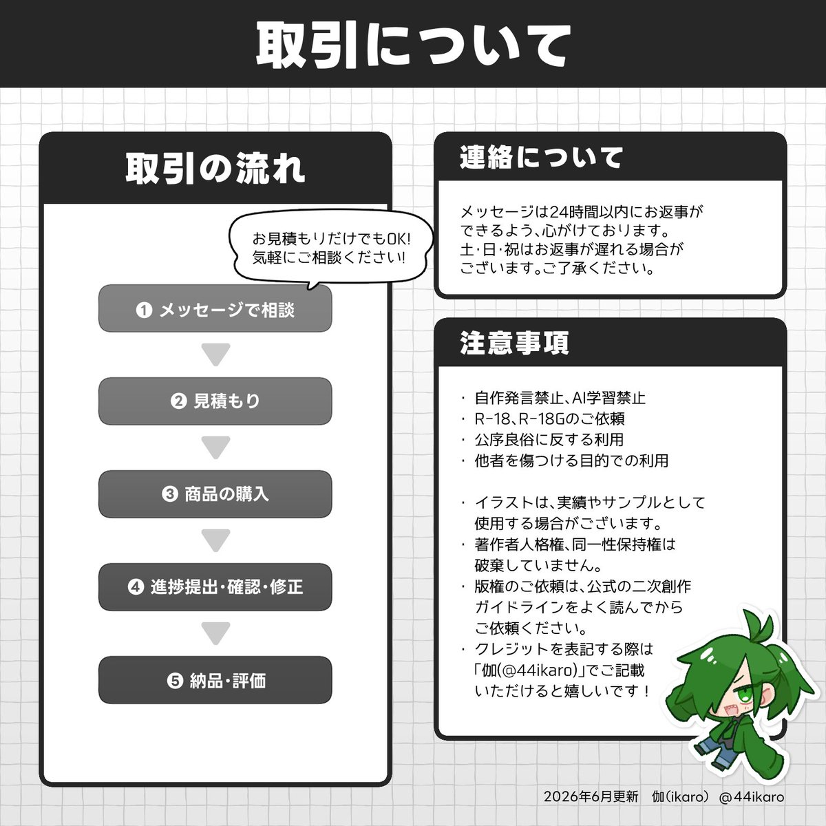 44ikaro's tweet photo. 【利用規約】
そして改めてお取引の流れについて、私が制作したイラスト規約と利用範囲についてをまとめました。 https://t.co/W2vXIkzbjq