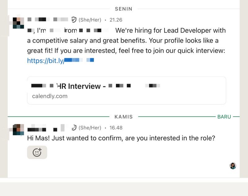 kelas_writing's tweet photo. Jadi aku abis bantuin temenku optimasi profil LinkedIn nya, dan yupz selang beberapa minggu kemudian, beberapa tawaran masuk dari HR, dan dia melaju ke tahap quick interview. Tapi itu dia late reply😴😴

Jangan dicontoh ya. Baiknya cek berkala inbox LinkedIn.

Bdw dia kaget karena tau-tau quick intv, jadi langsung konfirm jadwal deh. Terus cara belajar interview nya gimana?👇🏻